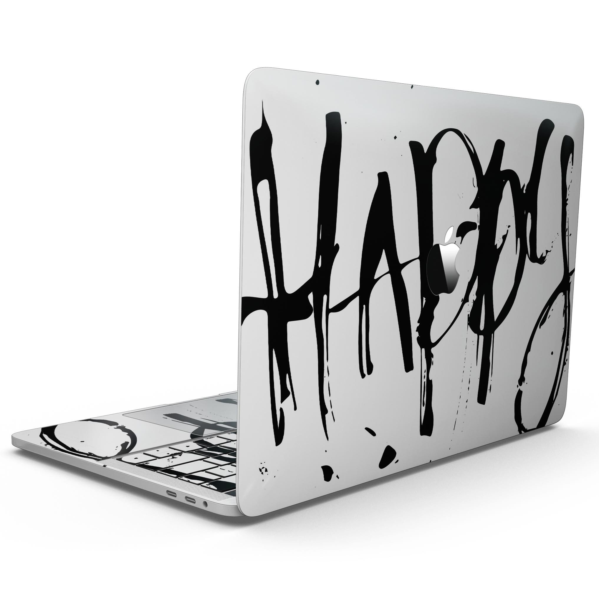 Happy Splatter skin kit for 13" MacBook Pro without Touch Bar, showcasing vibrant colors and patterns on a sleek vinyl surface.