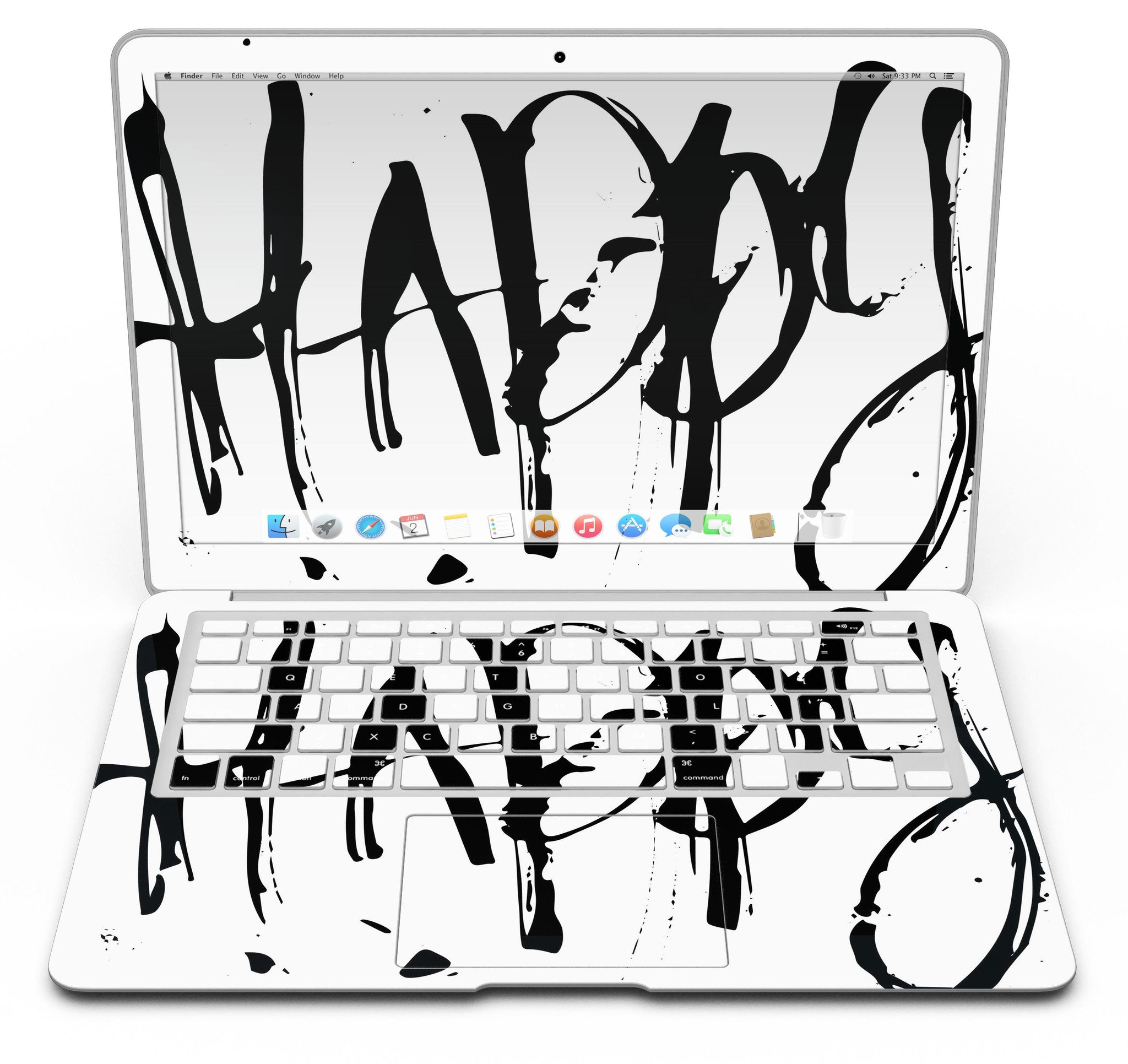 Happy Splatter MacBook Air Skin Kit showcasing vibrant design and premium vinyl material.