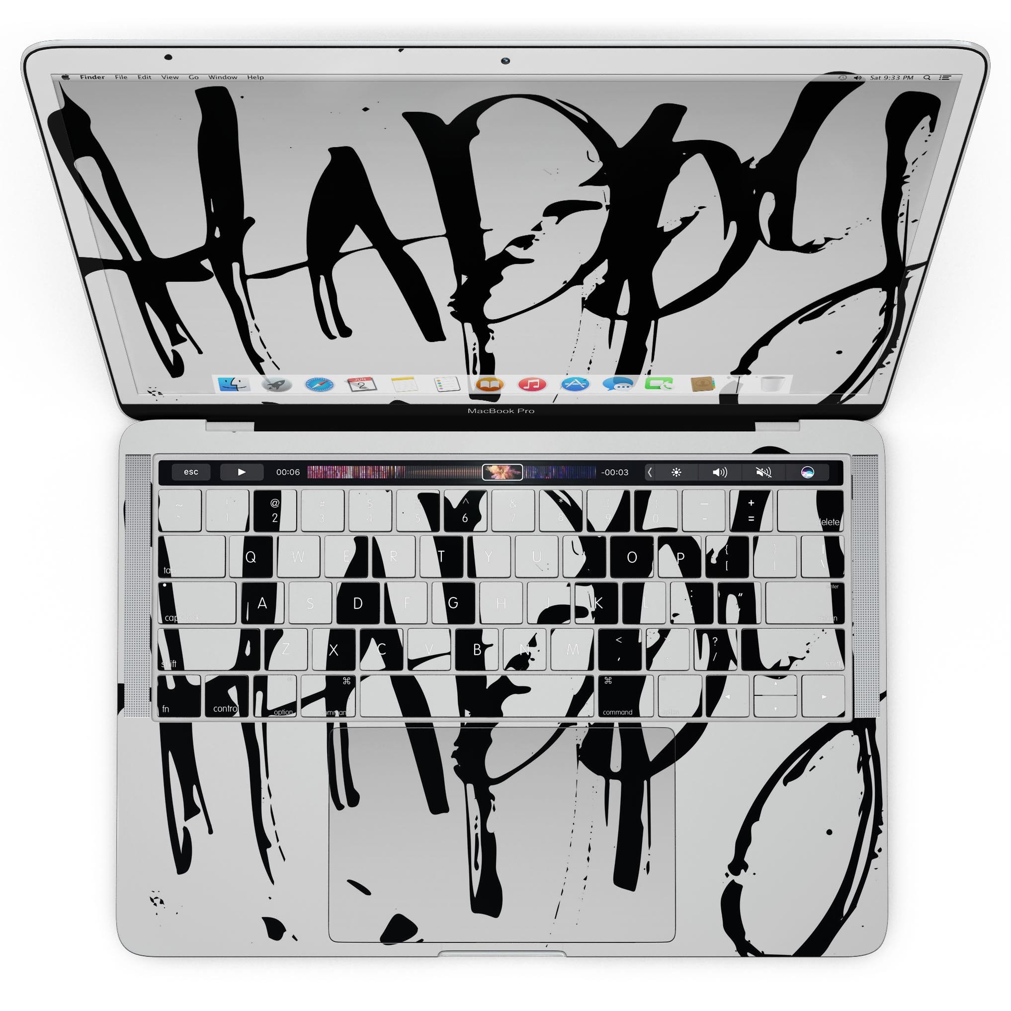 Happy Splatter Skin Kit for MacBook Pro with Touch Bar, showcasing vibrant design and premium vinyl material.