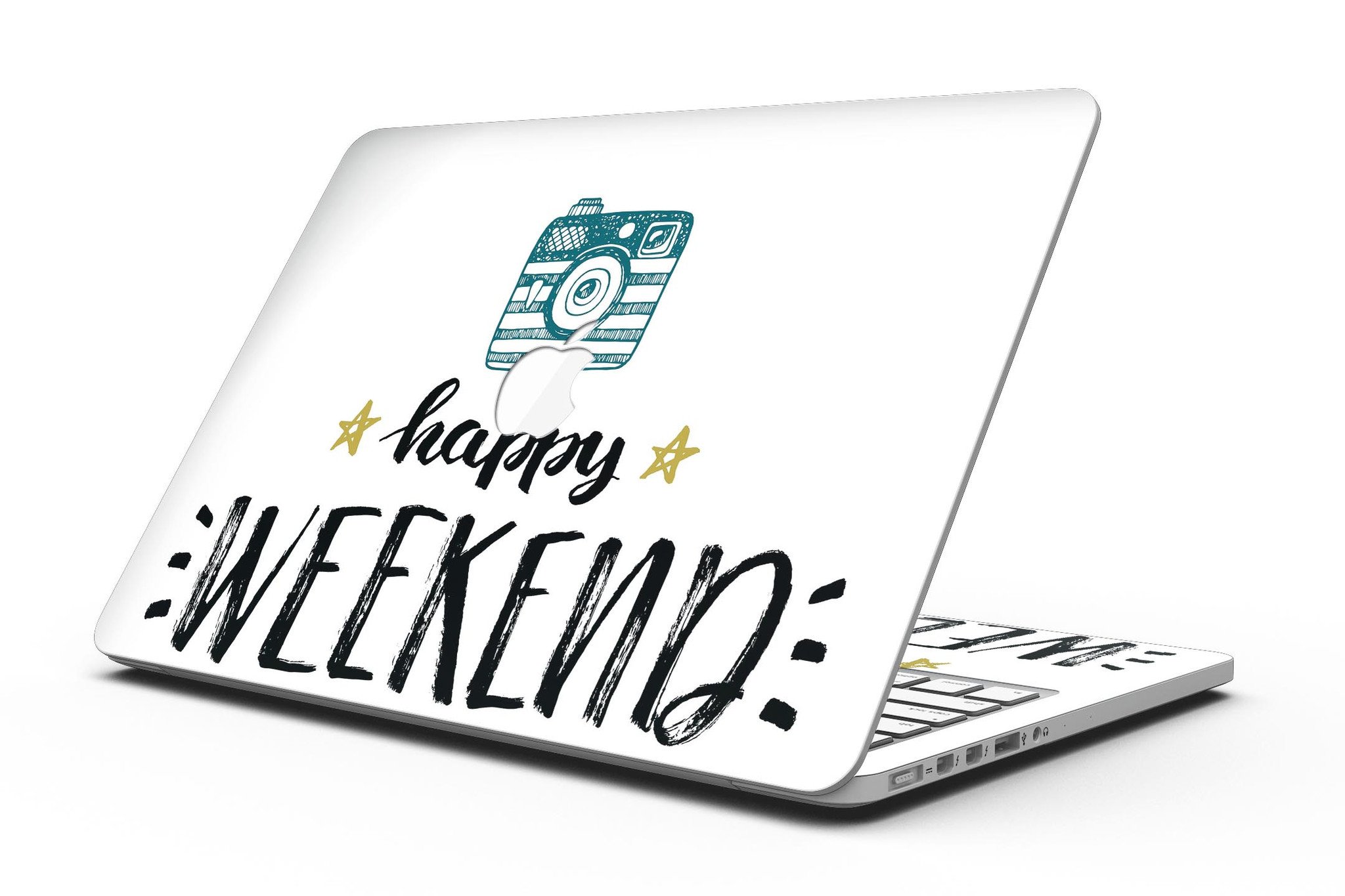 Happy Weekend MacBook Pro Retina Display Skin Kit showcasing glossy and matte finishes, designed for full coverage and protection.