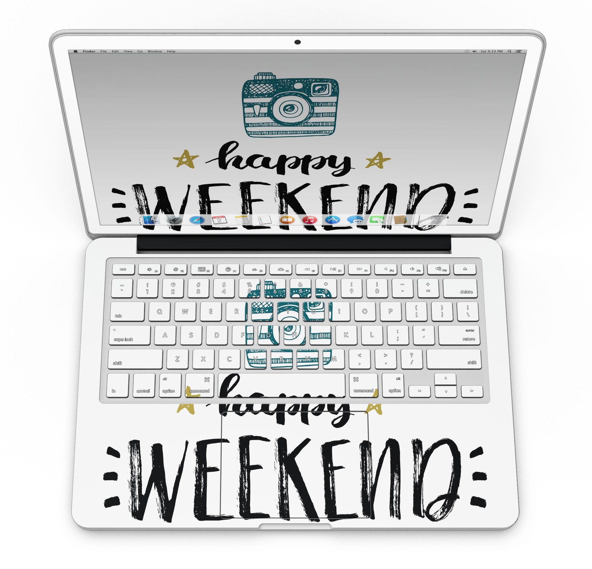 Happy Weekend MacBook Pro Retina Display Skin Kit showcasing glossy and matte finishes, designed for full coverage and protection.