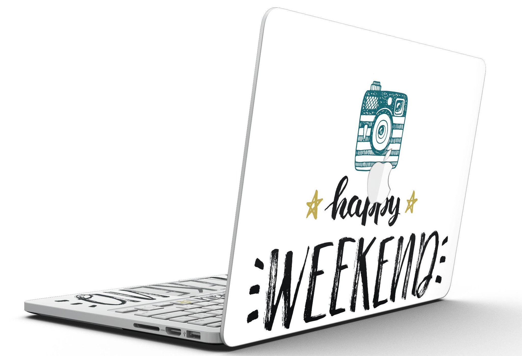 Happy Weekend MacBook Pro Retina Display Skin Kit showcasing glossy and matte finishes, designed for full coverage and protection.