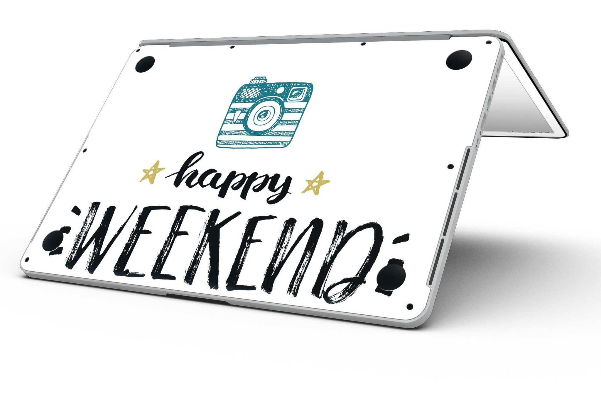 Happy Weekend MacBook Pro Retina Display Skin Kit showcasing glossy and matte finishes, designed for full coverage and protection.