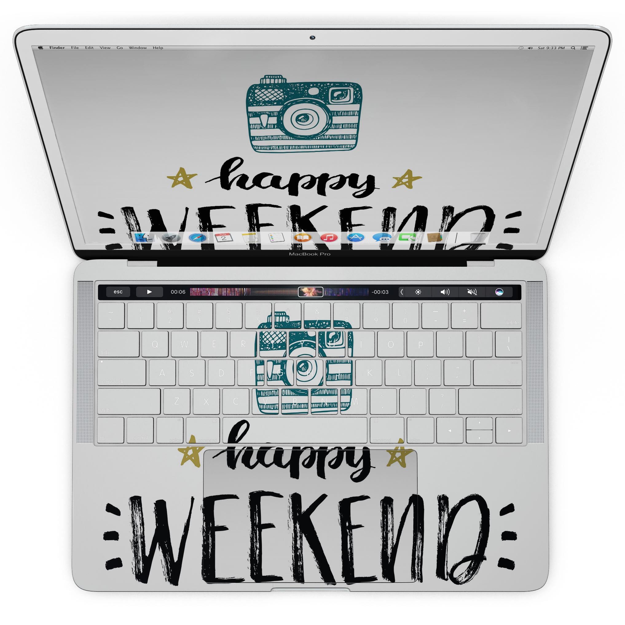 Happy Weekend MacBook Pro with Touch Bar Skin Kit showcasing glossy and matte finishes, designed for protection and style.