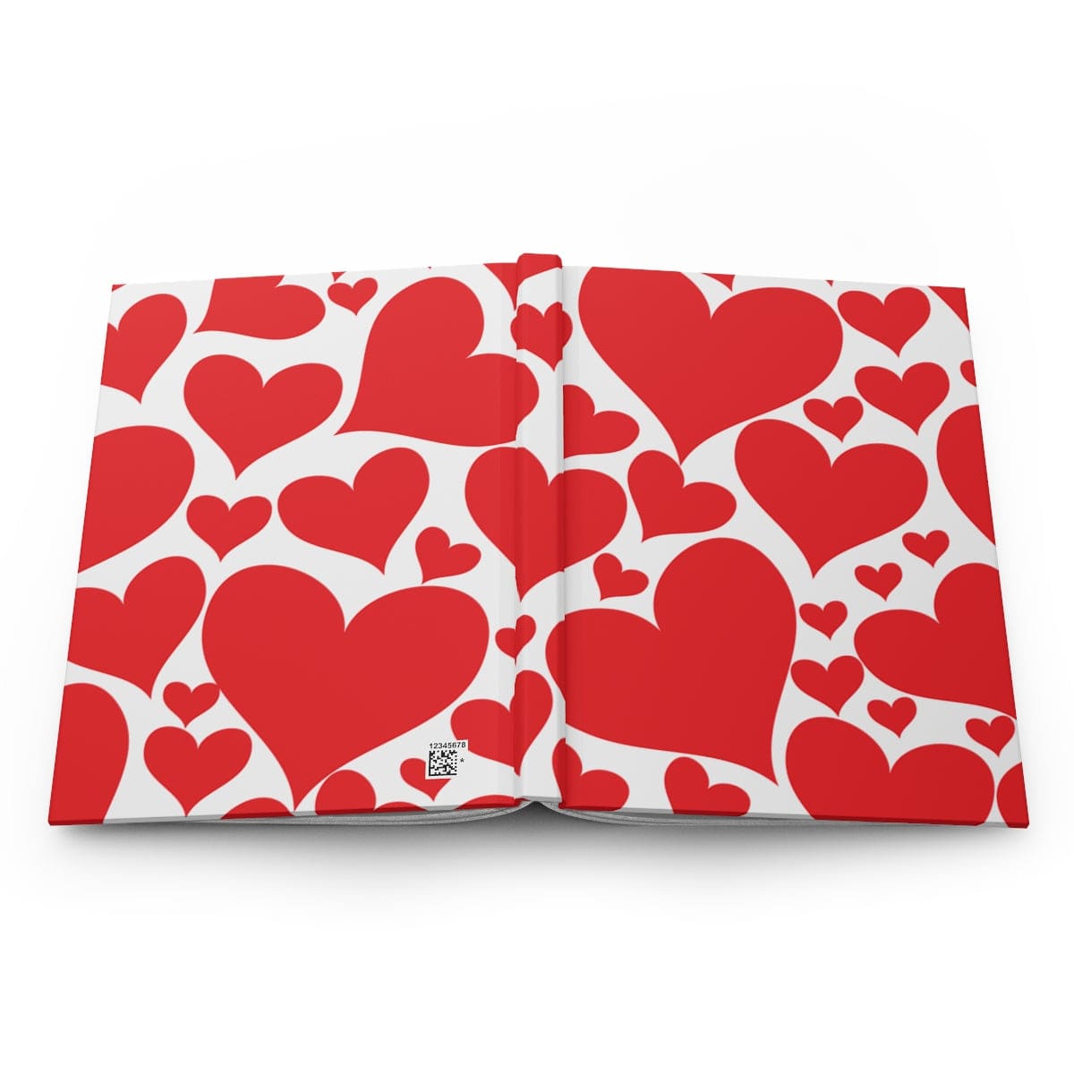 A stylish hardcover journal featuring a vibrant love red hearts design, perfect for personal journaling with lined pages.