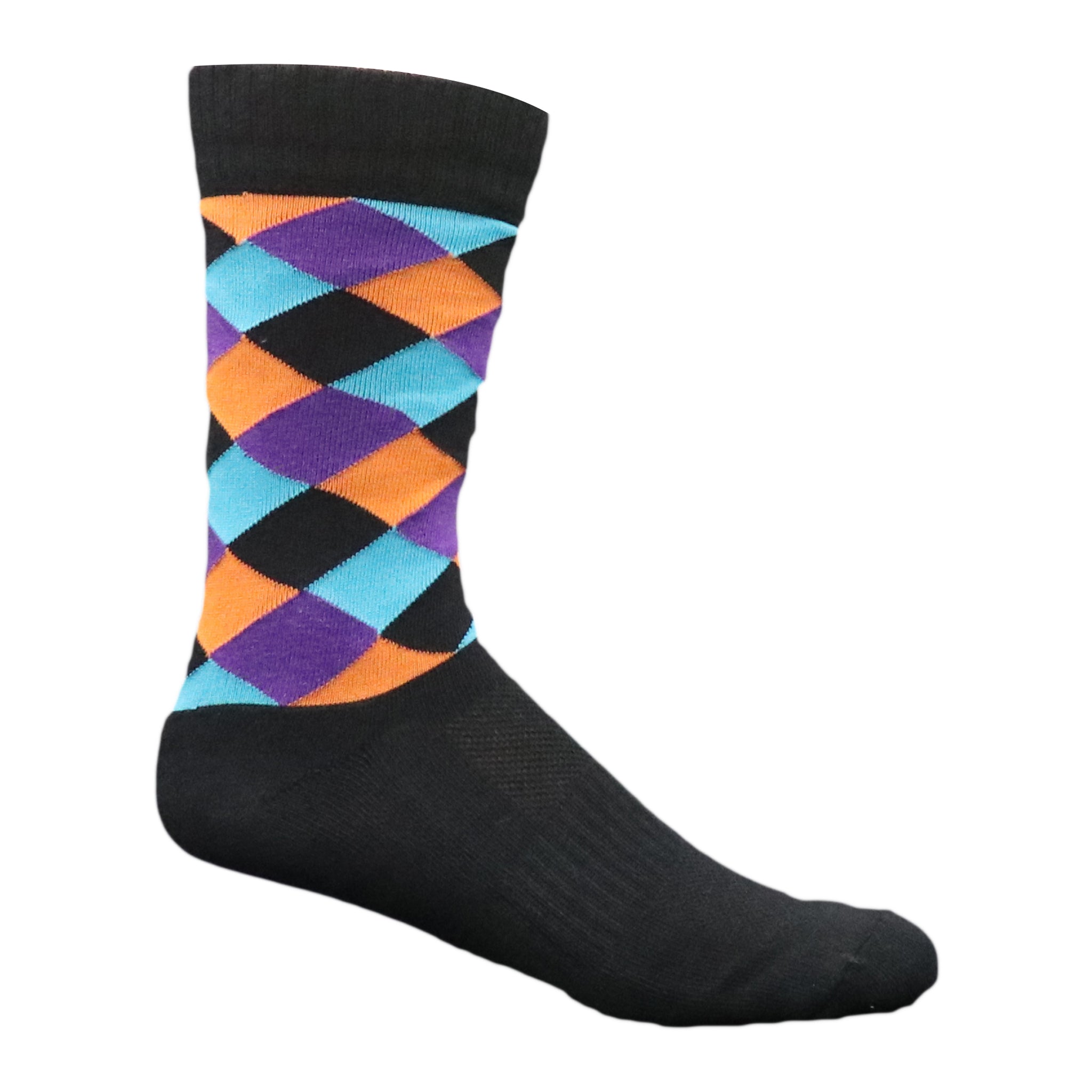 Harlequin Crew Socks featuring a vibrant pattern in black, blue, orange, and purple, designed for comfort and style.