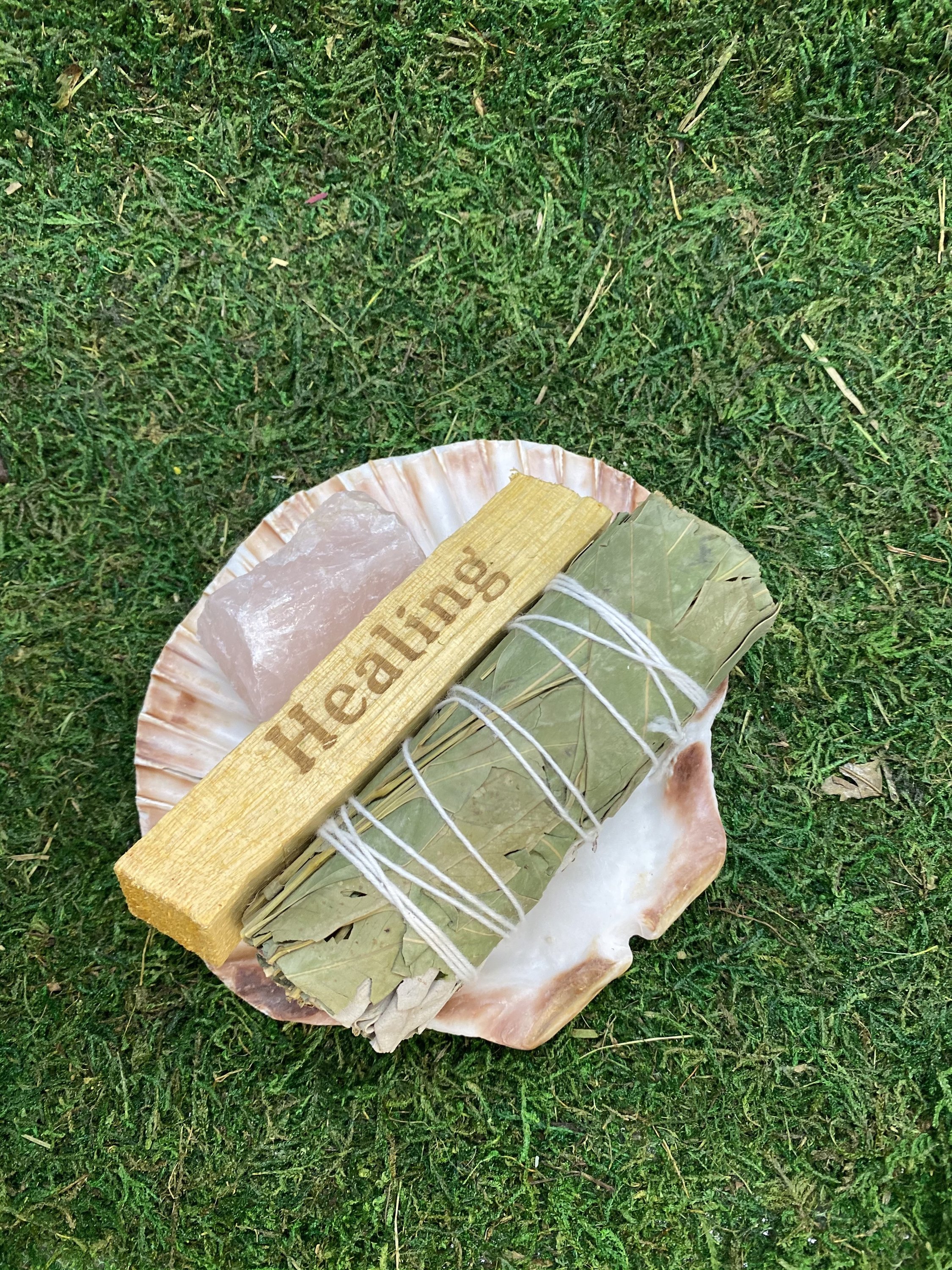 Healing Smudge Kit featuring Rose Quartz, Palo Santo Stick, and Peppermint Sage for inner healing and self-care.