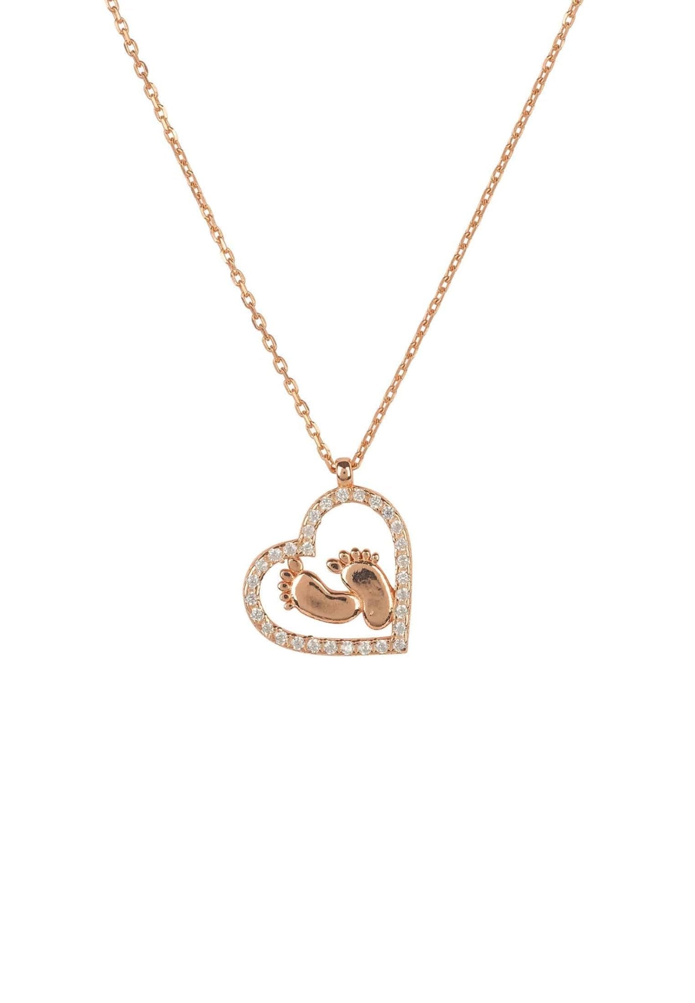 Heart Mum Pendant Necklace in rosegold with tiny feet inside an open heart, adorned with sparkling cubic zirconia.