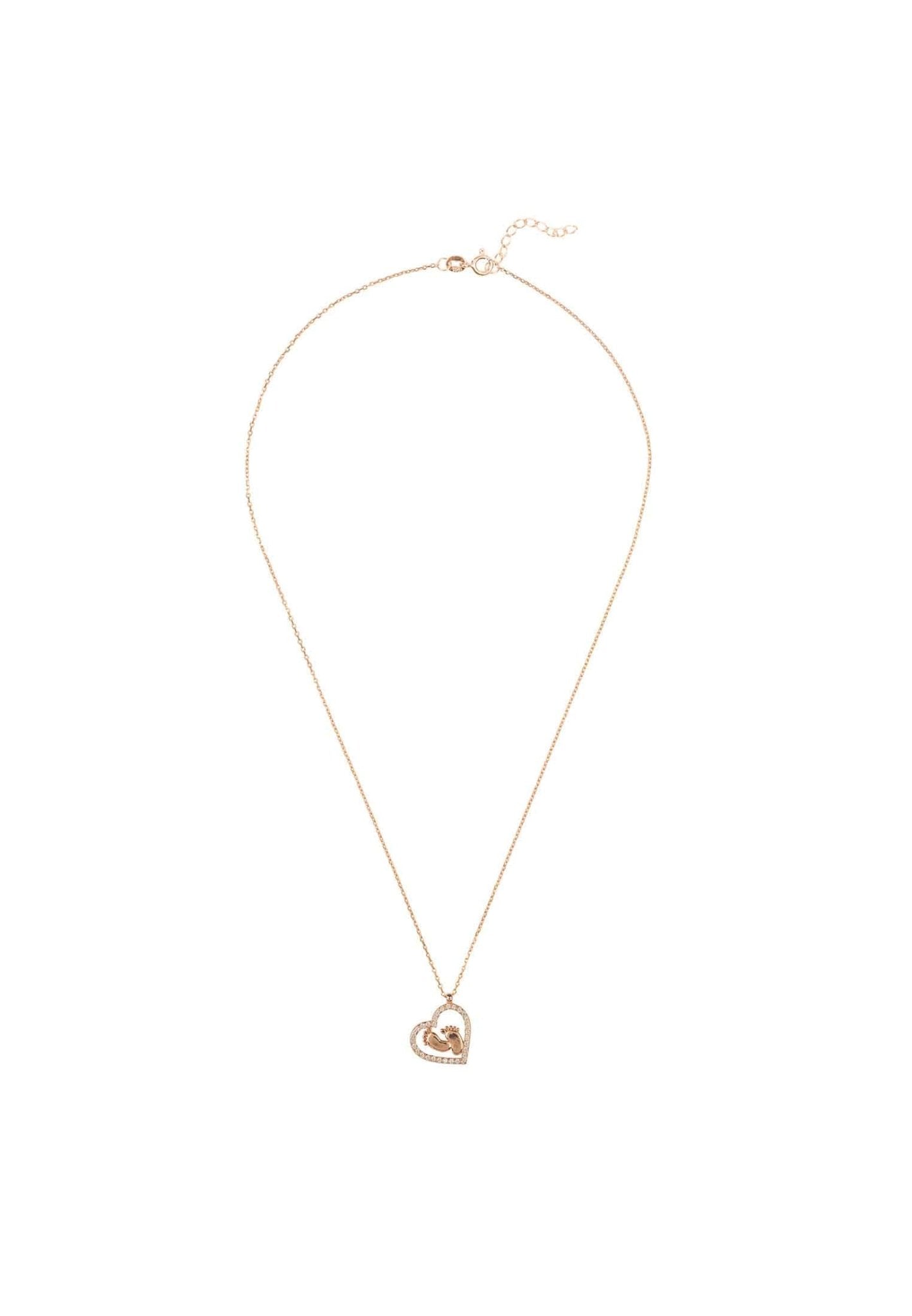 Heart Mum Pendant Necklace in rosegold with tiny feet inside an open heart, adorned with sparkling cubic zirconia.