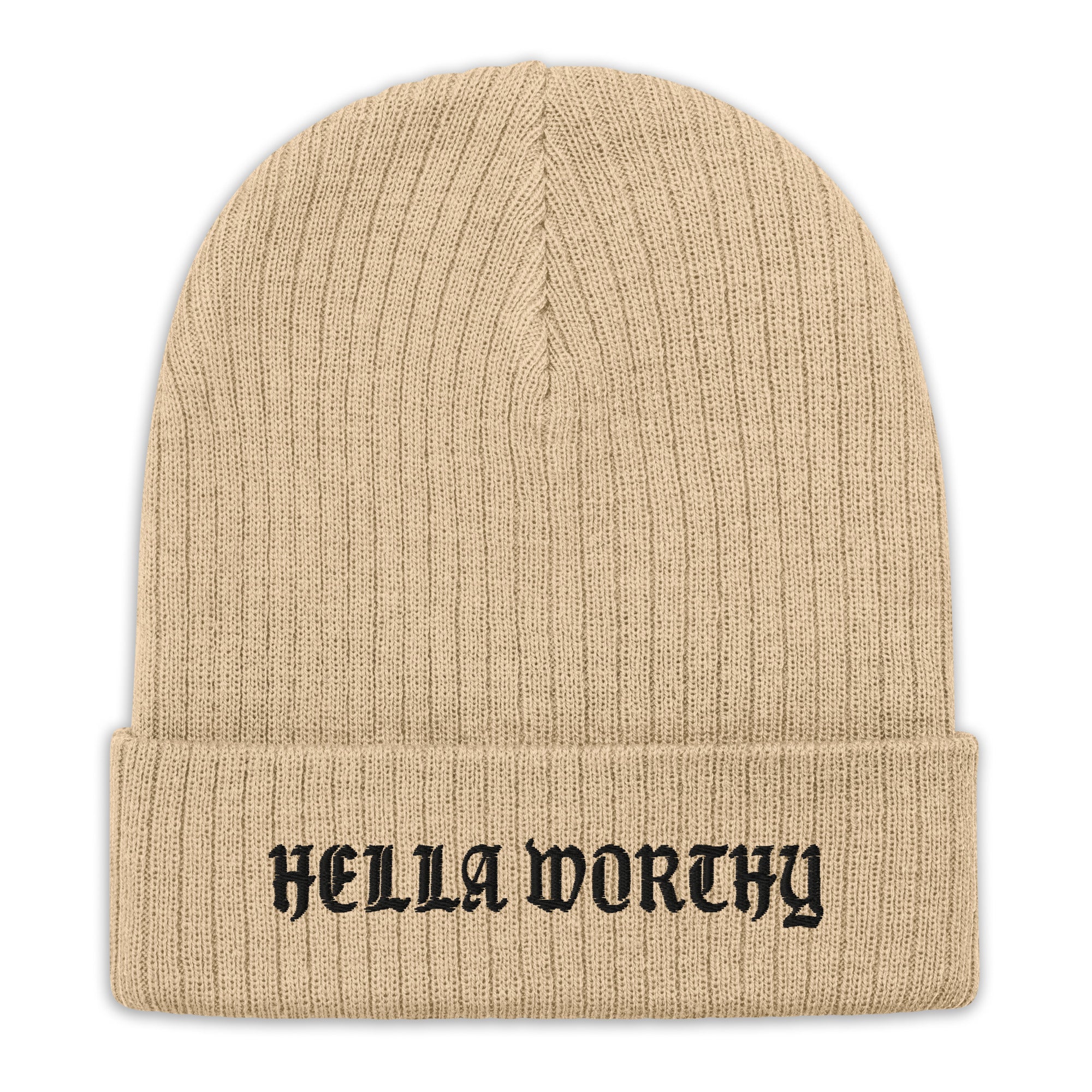 Hella Worthy Ribbed Knit Beanie in stylish ribbed design, showcasing its cuffed style and warm fabric.