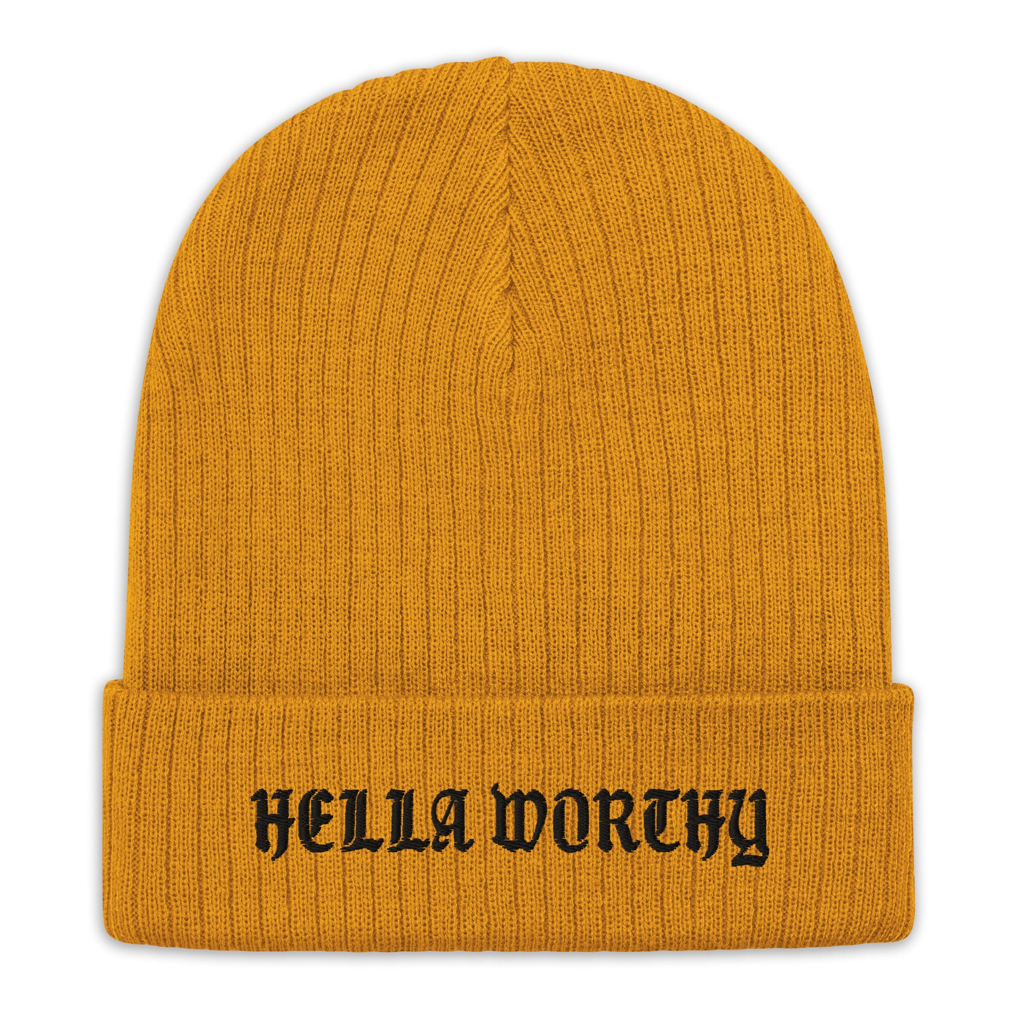 Hella Worthy Ribbed Knit Beanie in stylish ribbed design, showcasing its cuffed style and warm fabric.