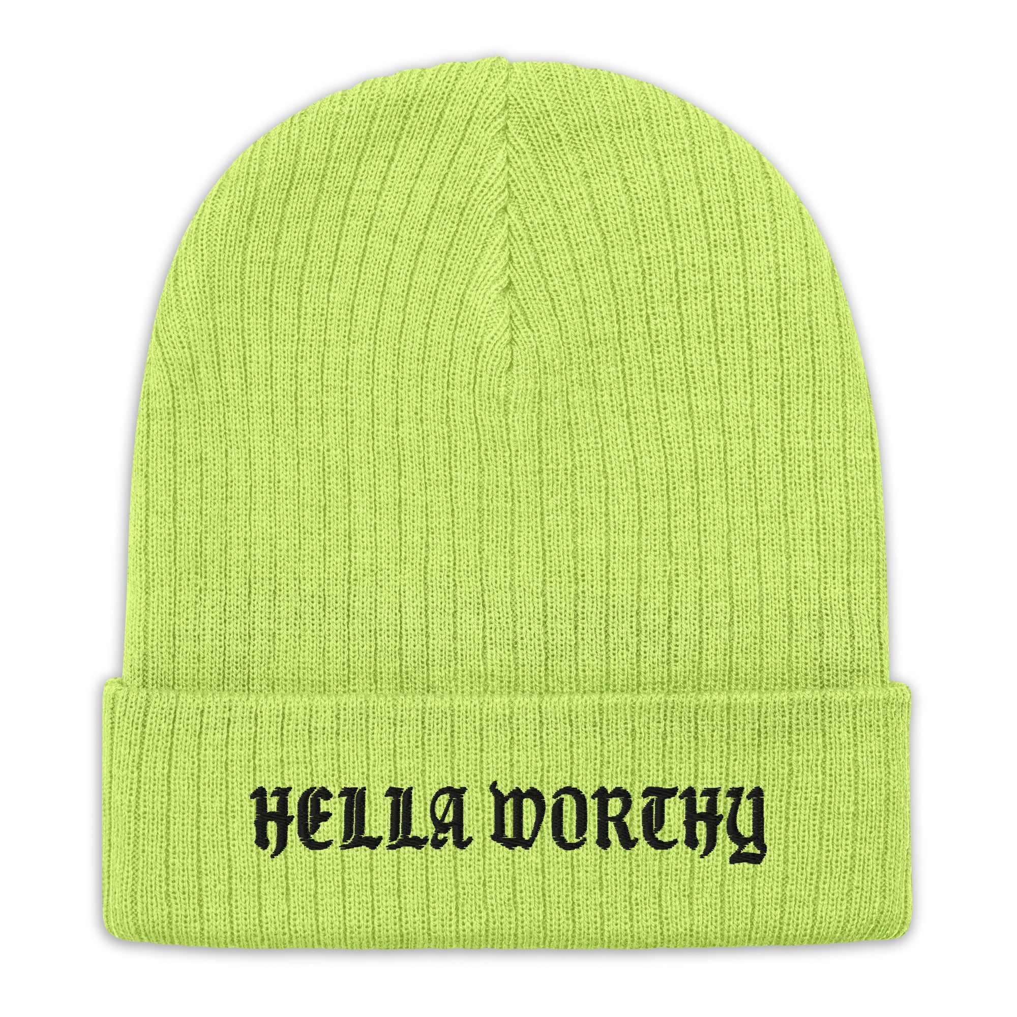 Hella Worthy Ribbed Knit Beanie in stylish ribbed design, showcasing its cuffed style and warm fabric.