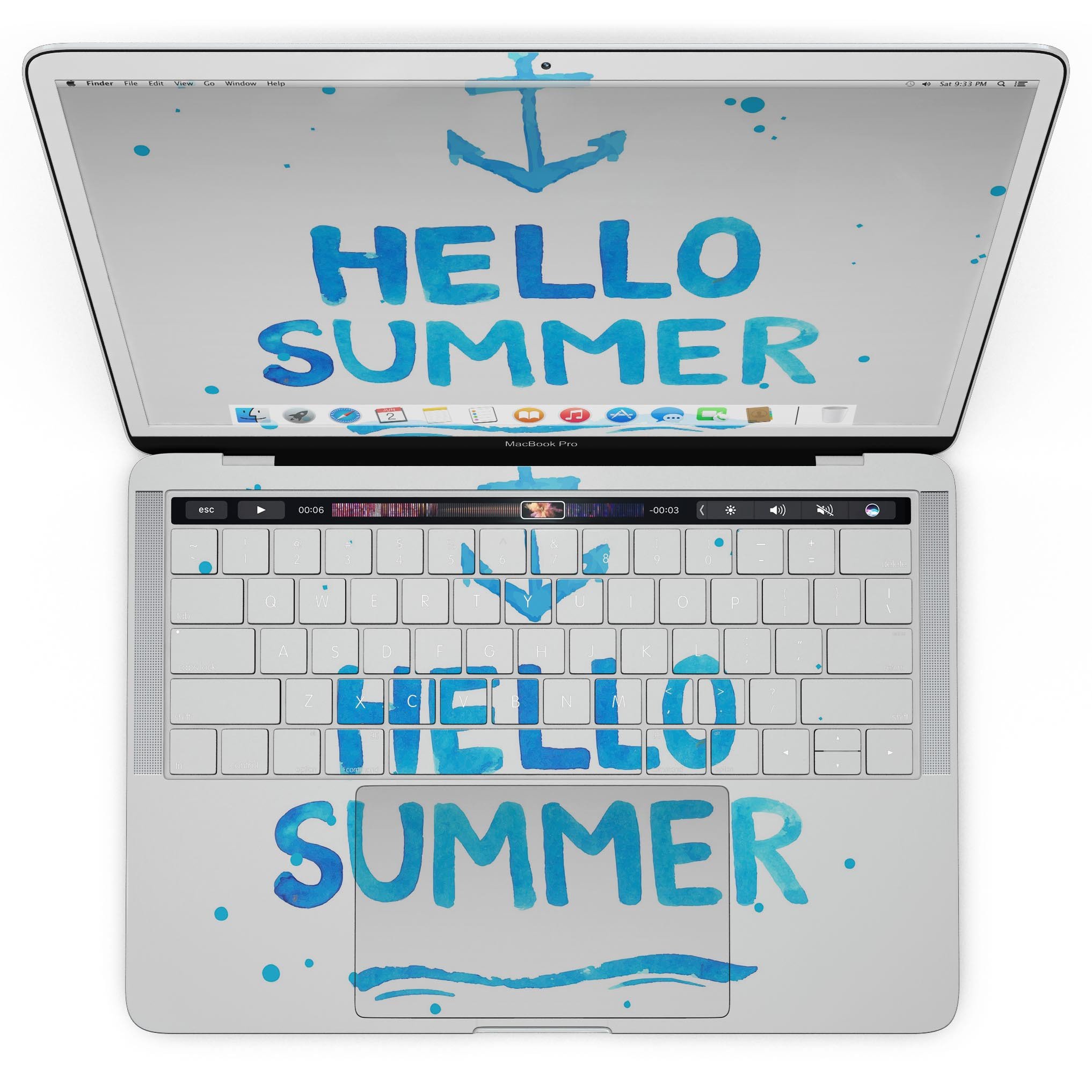 Hello Summer Blue Watercolor Anchor V1 skin for MacBook Pro, featuring a vibrant blue watercolor anchor design on premium vinyl.