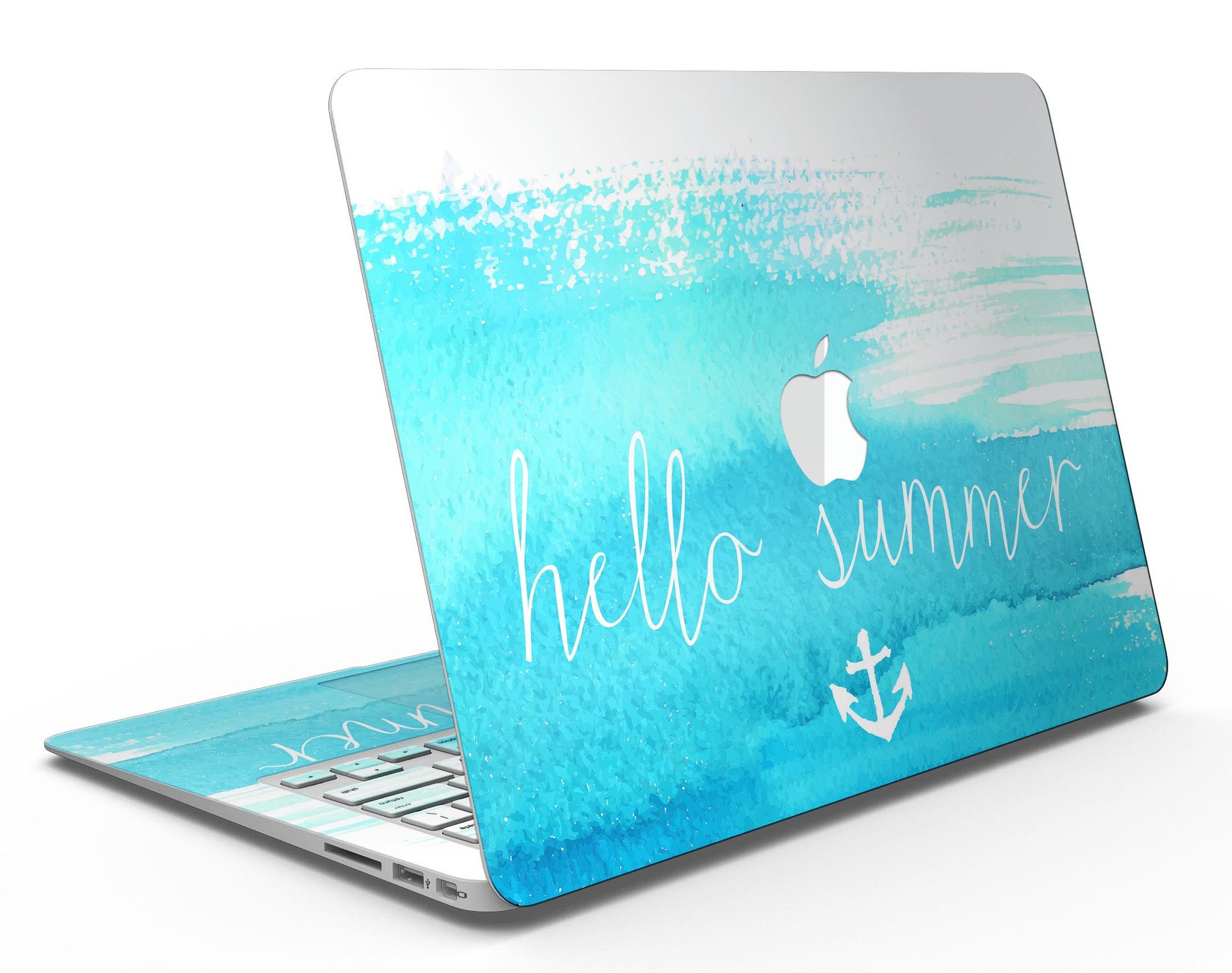 Hello Summer Blue Watercolor Anchor V2 MacBook Air Skin Kit featuring a vibrant watercolor anchor design on premium vinyl.