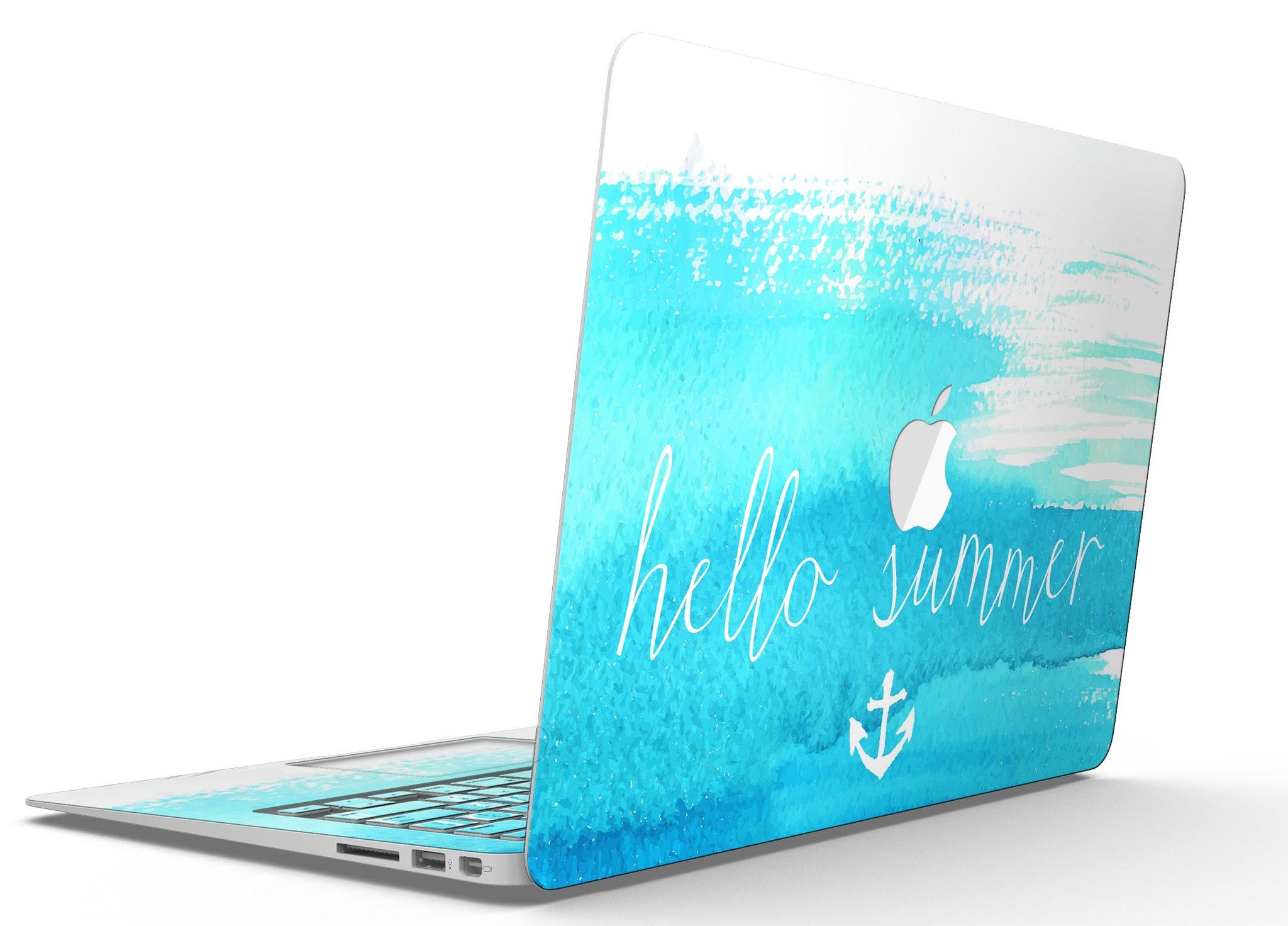 Hello Summer Blue Watercolor Anchor V2 MacBook Air Skin Kit featuring a vibrant watercolor anchor design on premium vinyl.