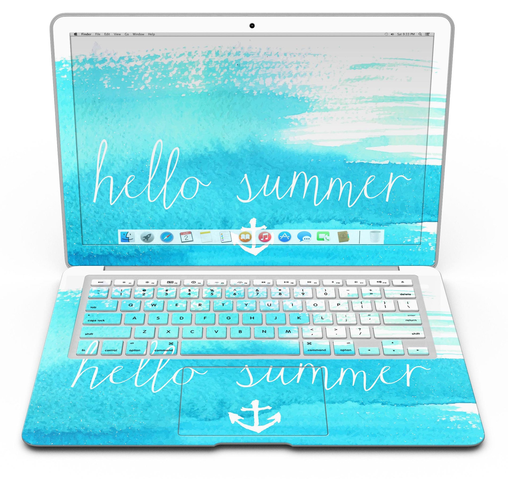 Hello Summer Blue Watercolor Anchor V2 MacBook Air Skin Kit featuring a vibrant watercolor anchor design on premium vinyl.