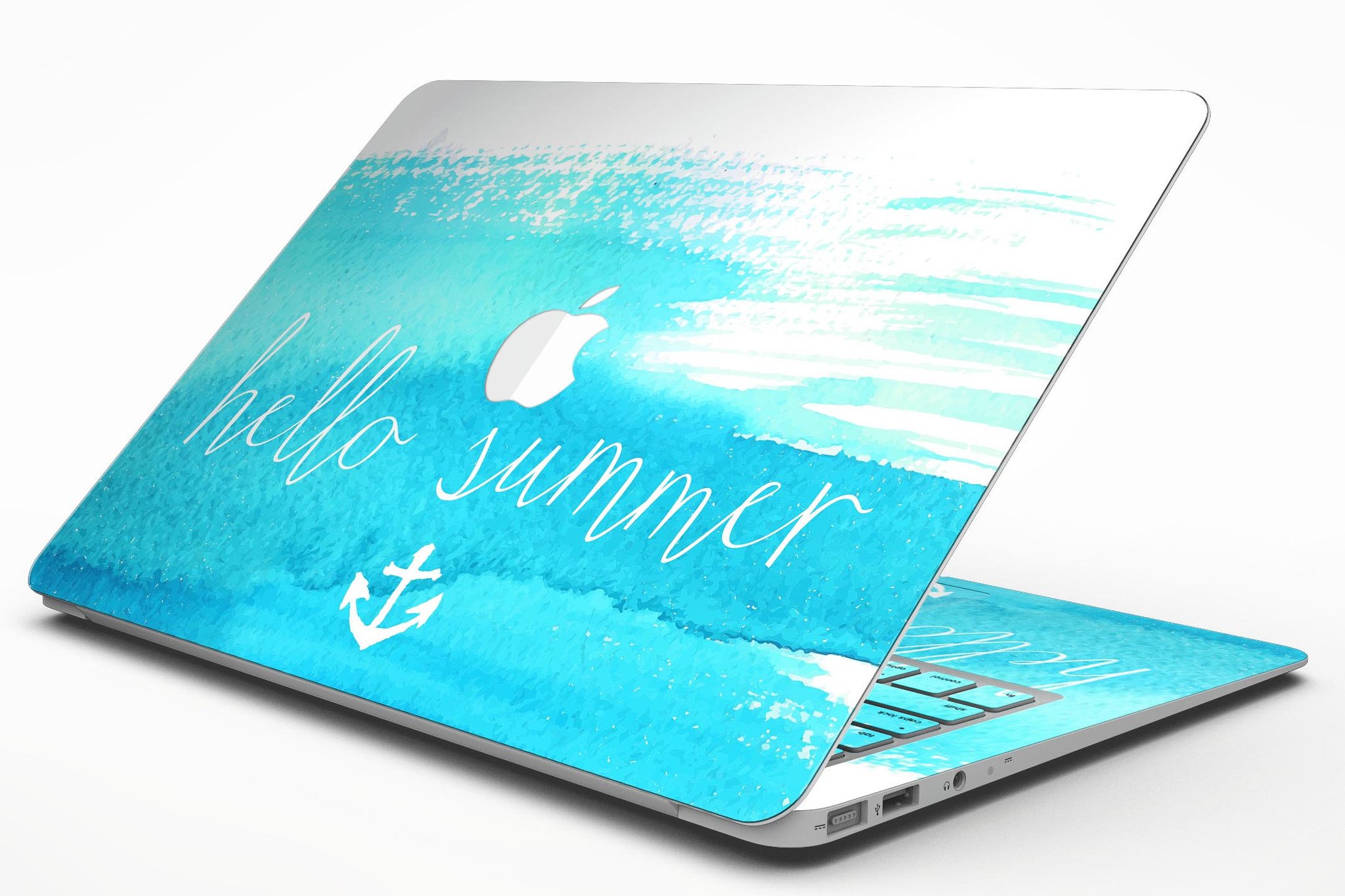 Hello Summer Blue Watercolor Anchor V2 MacBook Air Skin Kit featuring a vibrant watercolor anchor design on premium vinyl.