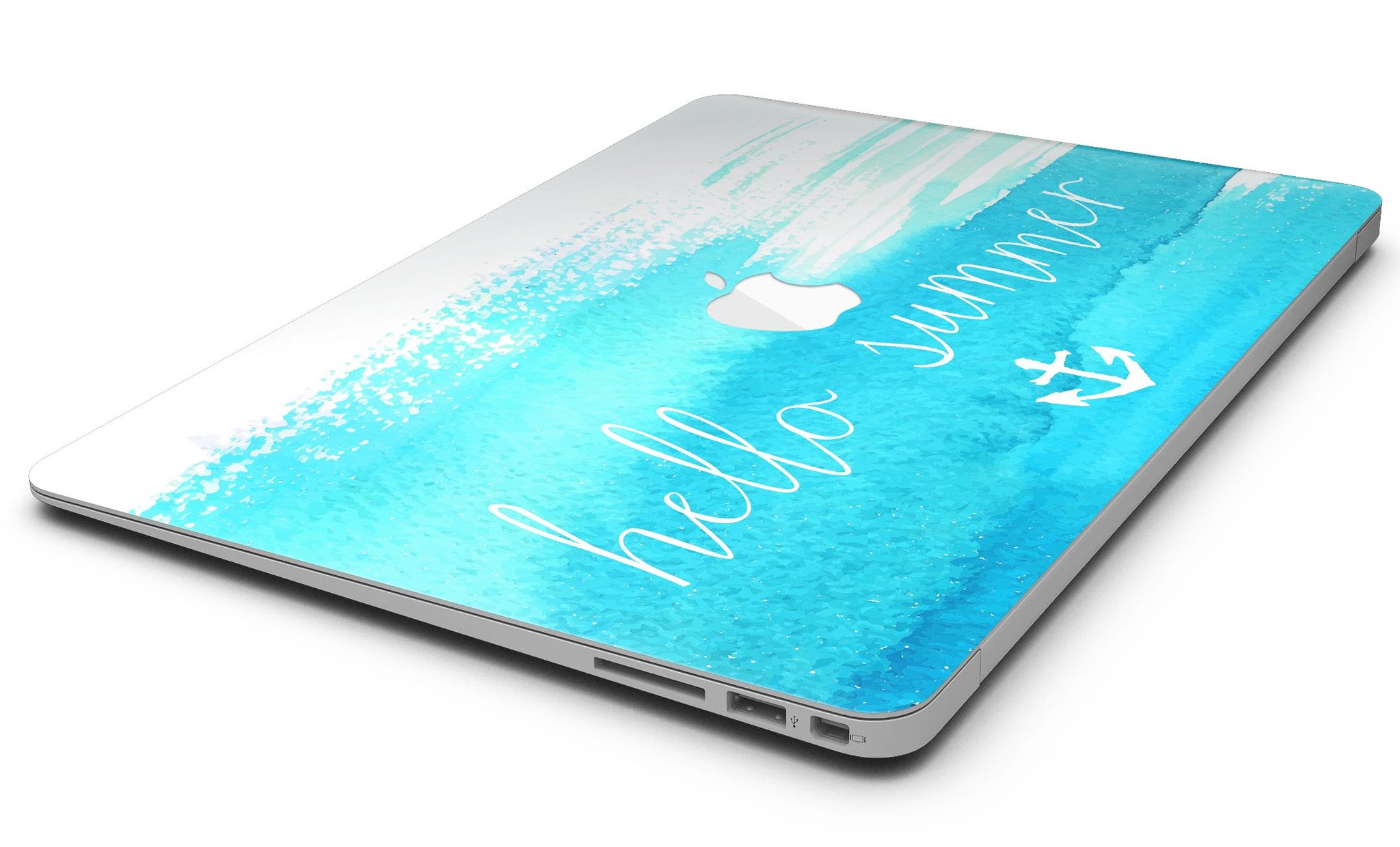 Hello Summer Blue Watercolor Anchor V2 MacBook Air Skin Kit featuring a vibrant watercolor anchor design on premium vinyl.