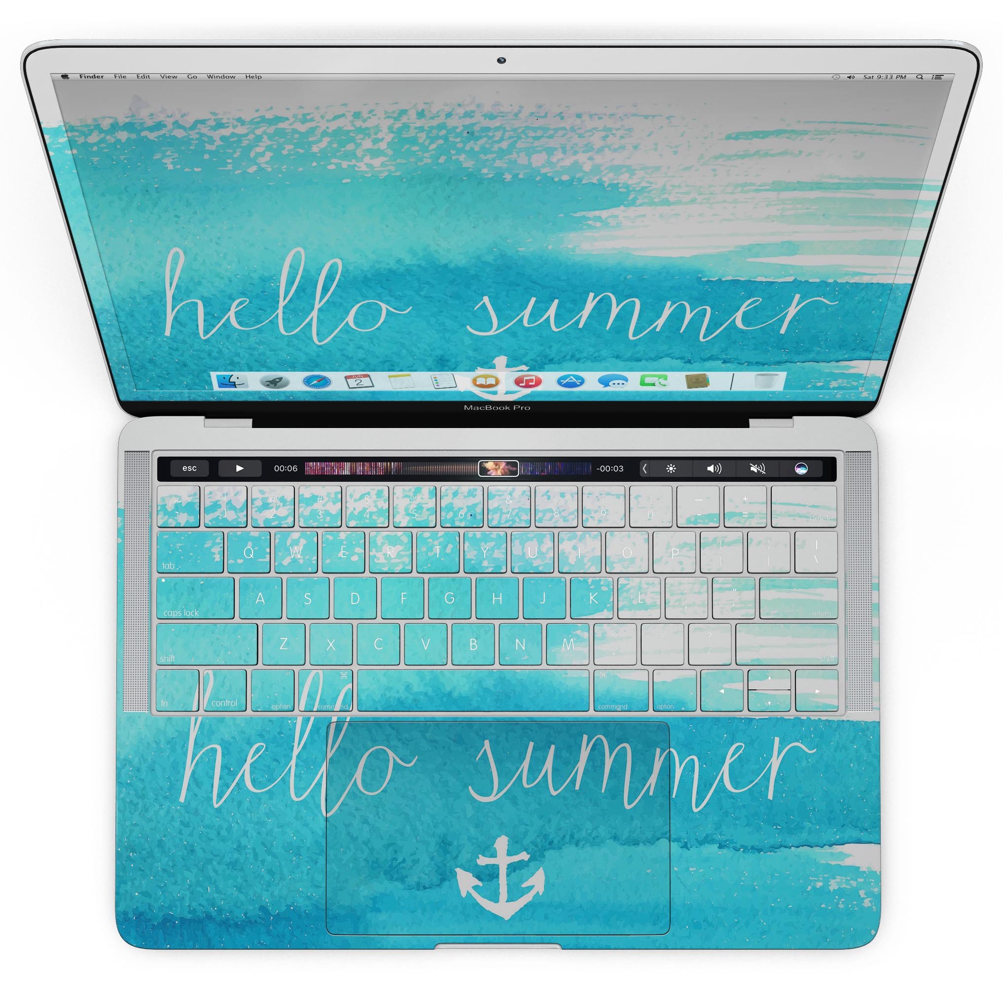 Hello Summer Blue Watercolor Anchor V2 skin for MacBook Pro with Touch Bar, featuring a vibrant blue watercolor anchor design.