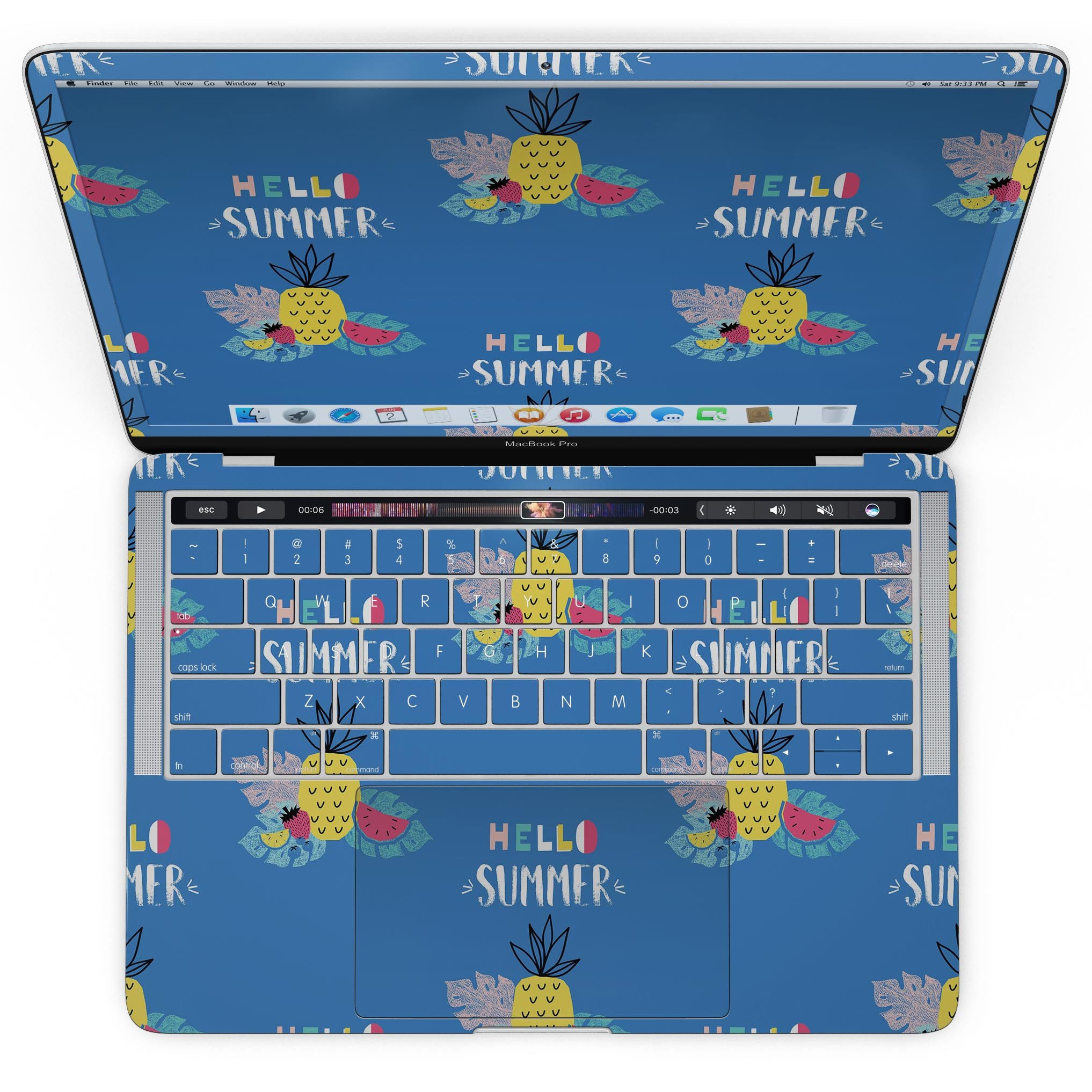 Hello Summer Love skin kit for MacBook Pro with Touch Bar, featuring vibrant design and premium vinyl material for protection.