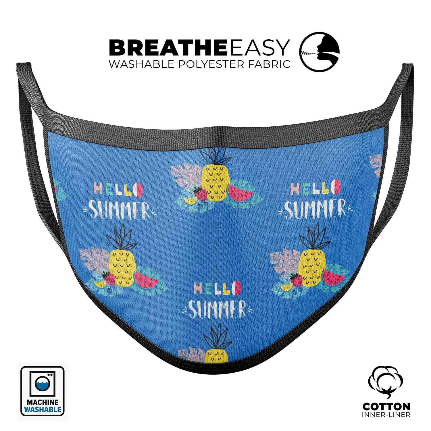 Hello Summer Love v1 mouth cover, a unisex anti-dust cotton mask made in the USA, featuring adjustable ear loops and a vibrant design.