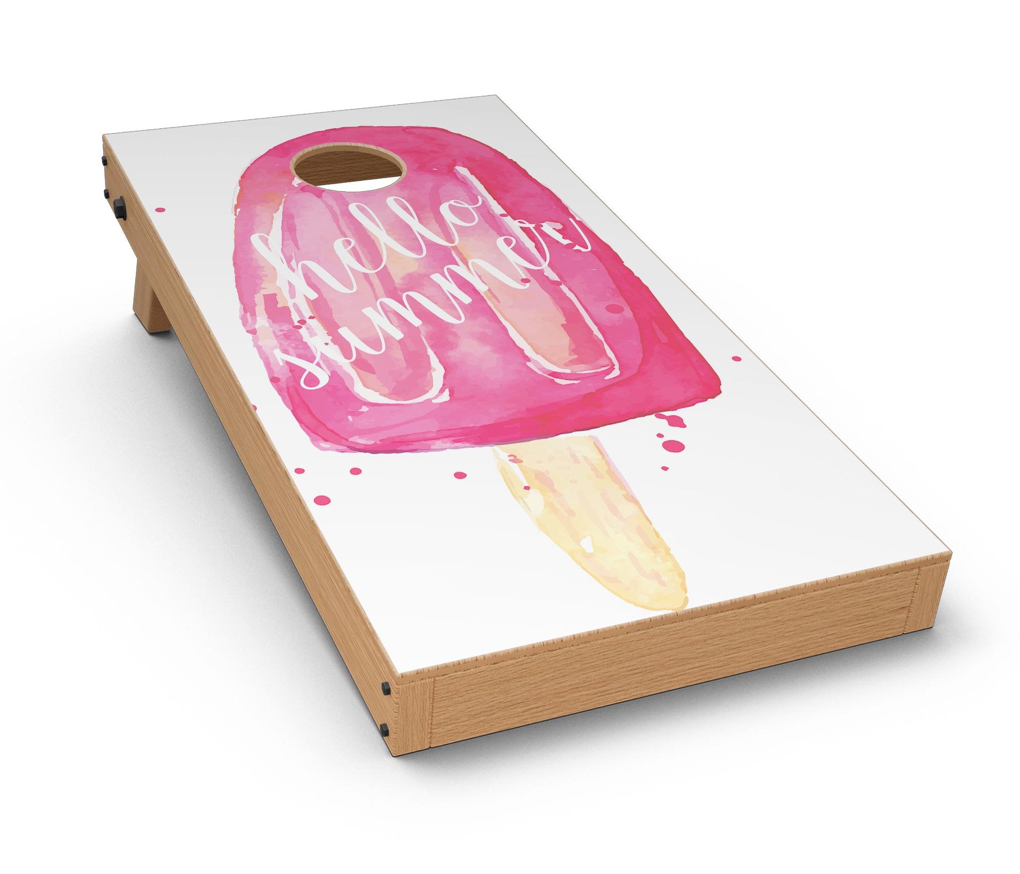 Hello Summer Popcicle CornHole Board Skin Decal Kit featuring vibrant colors and playful design for summer outdoor games.