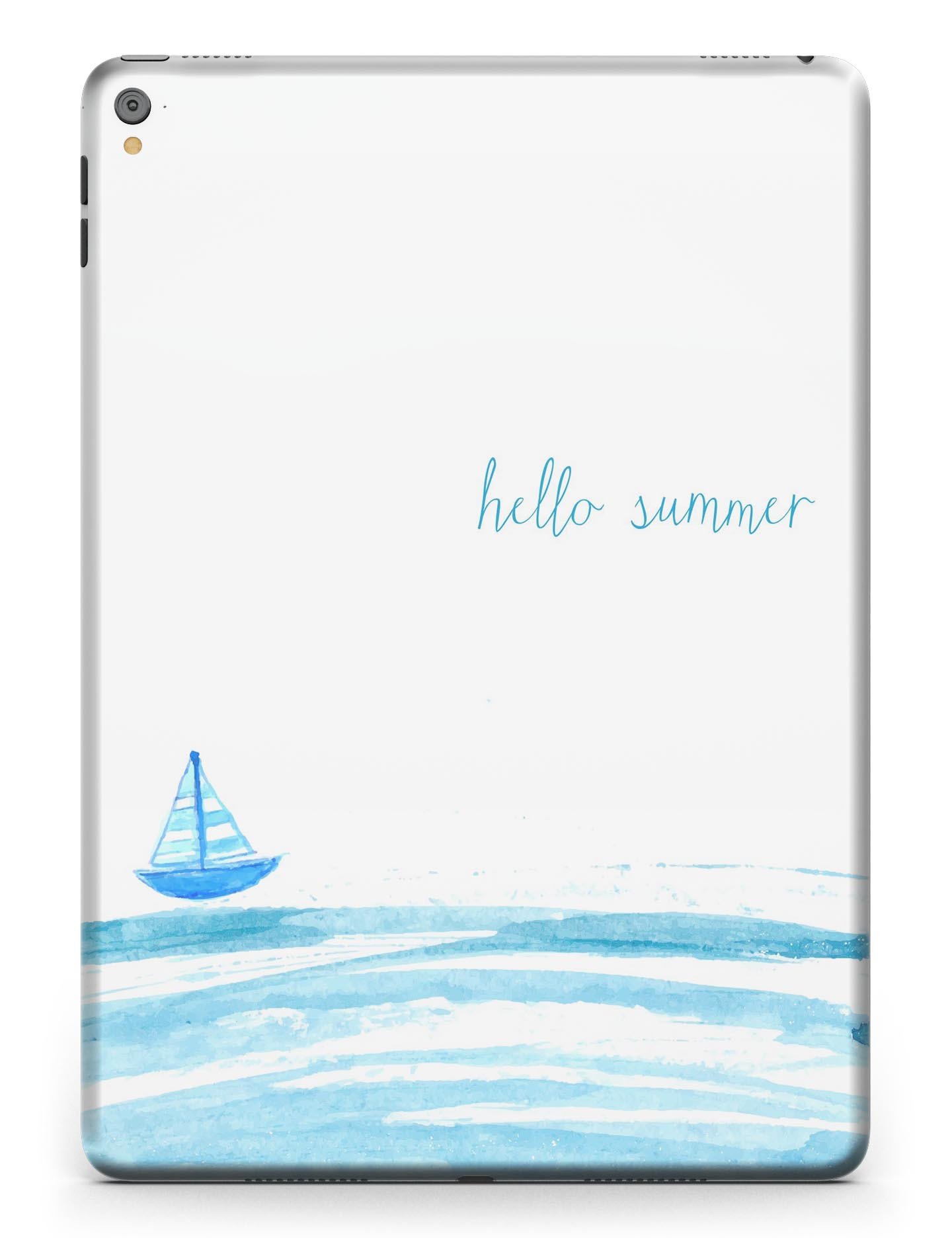 Hello Summer Sailboat Full Body Skin for iPad Pro, featuring vibrant sailboat design on premium vinyl material.