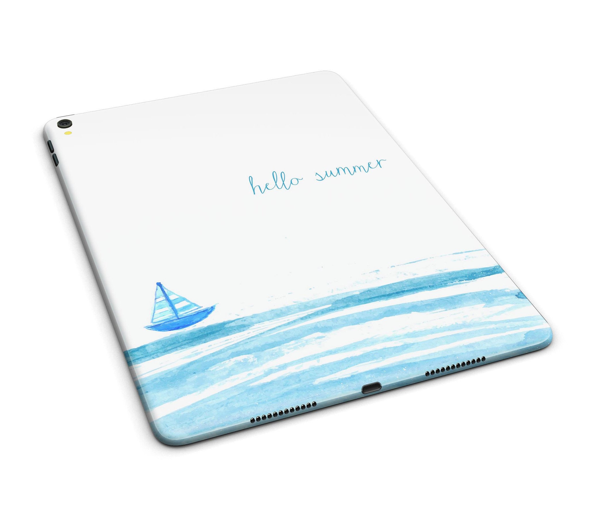 Hello Summer Sailboat Full Body Skin for iPad Pro, featuring vibrant sailboat design on premium vinyl material.