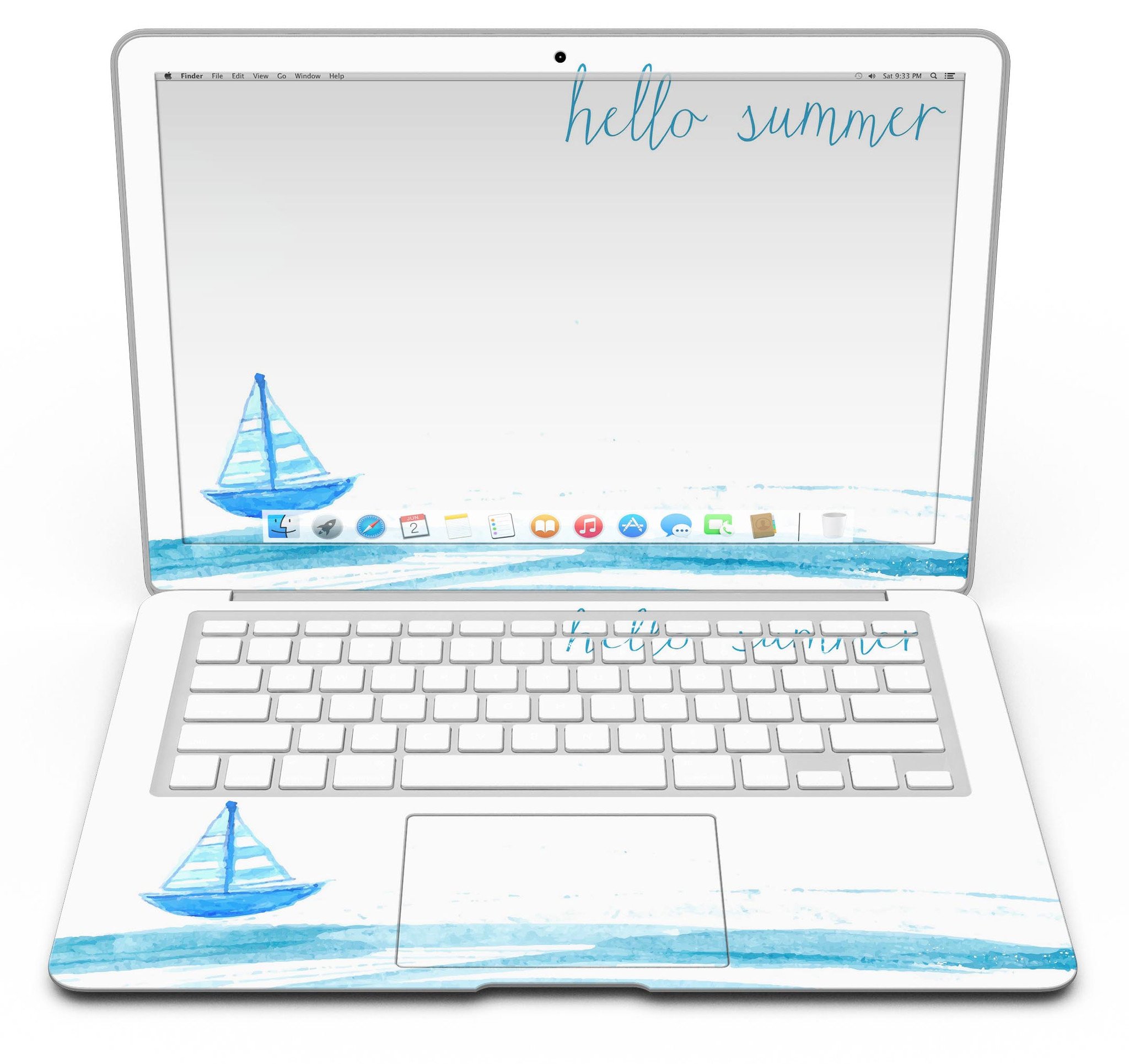 Hello Summer Sailboat MacBook Air Skin Kit featuring a vibrant sailboat design on premium vinyl.