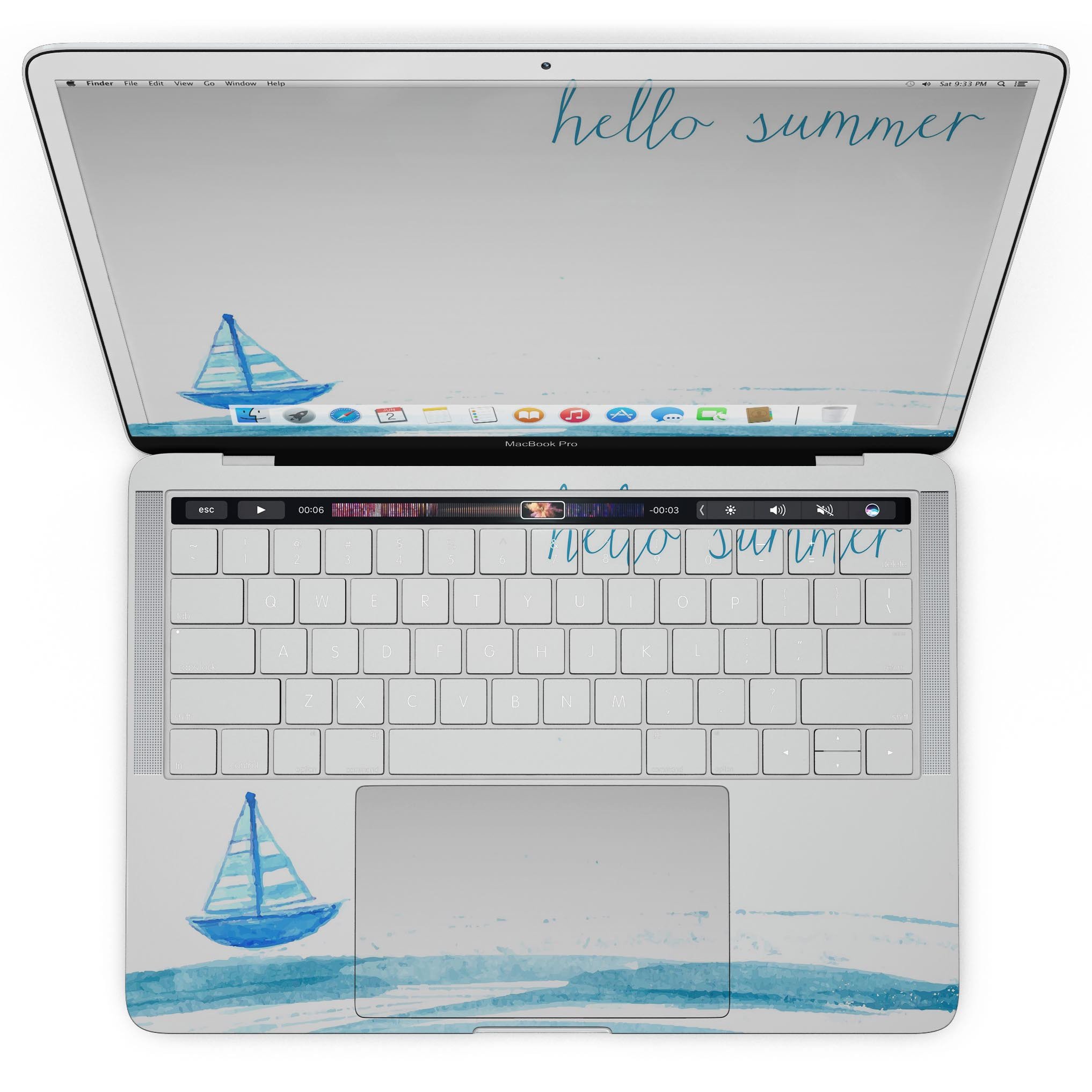 Hello Summer Sailboat skin kit for MacBook Pro with Touch Bar, featuring a vibrant summer-themed design.