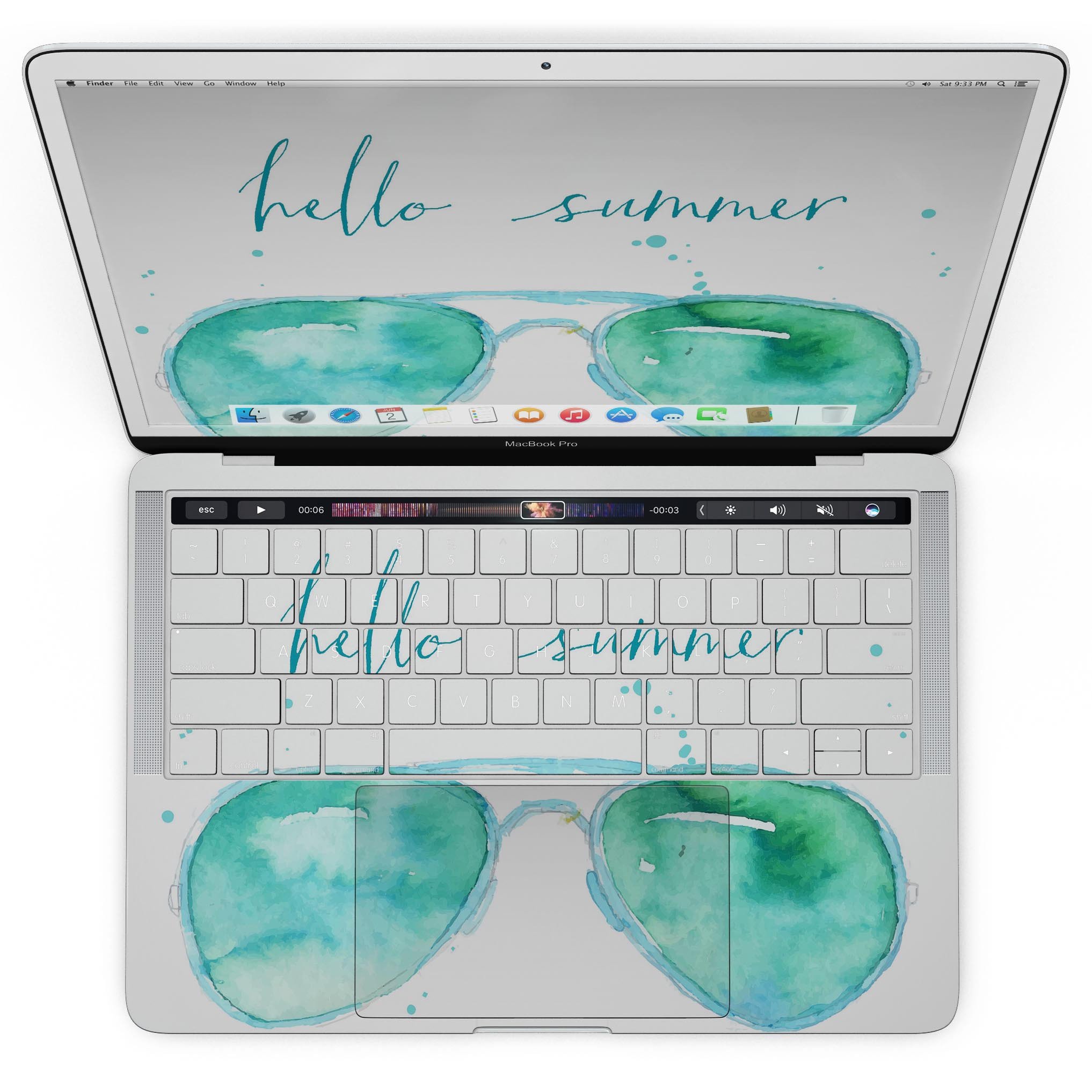 Hello Summer Sunglasses skin kit for MacBook Pro with Touch Bar, showcasing vibrant design and premium vinyl material.