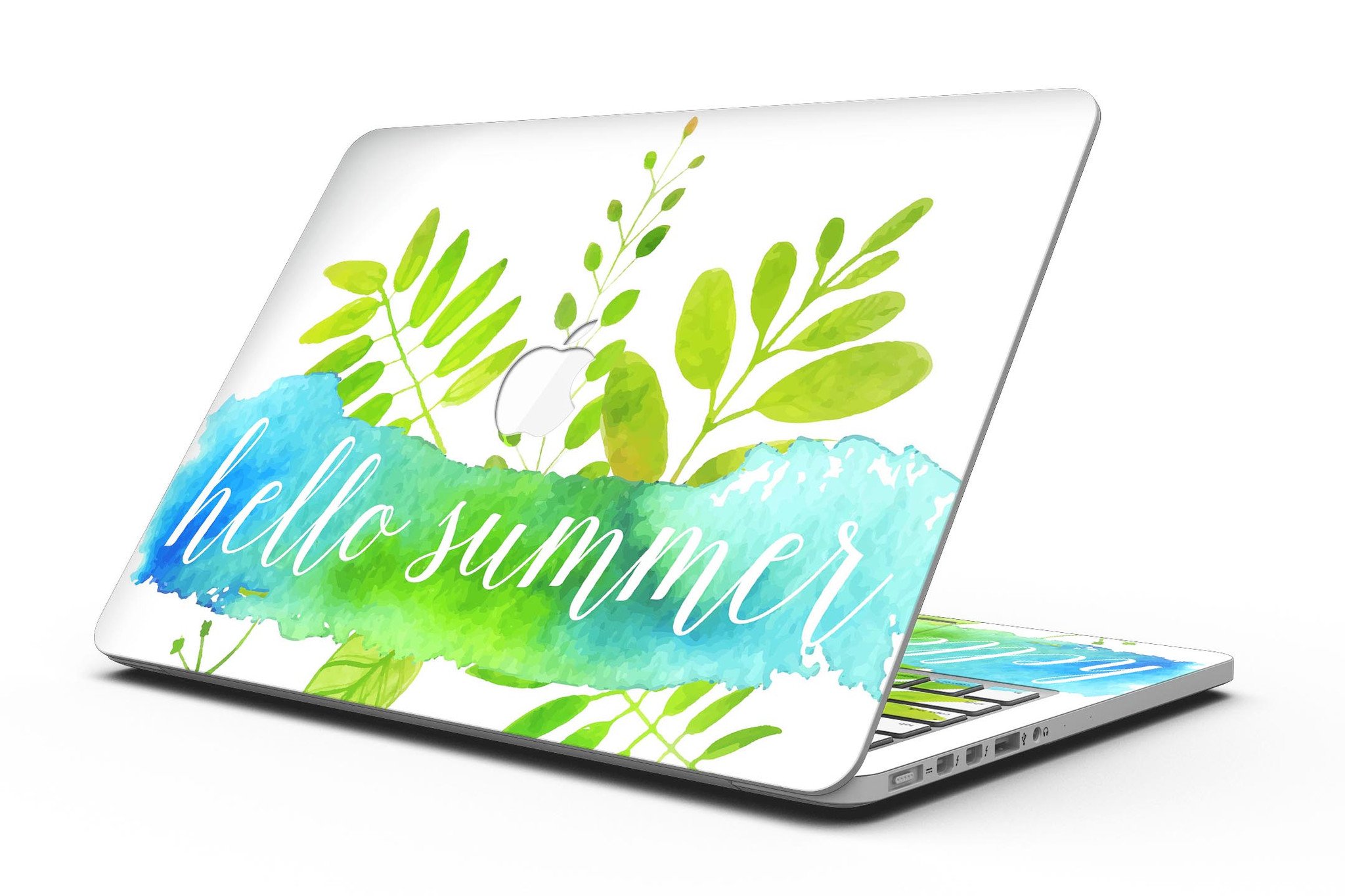 Hello Summer Watercolor Branches skin for MacBook Pro with Retina Display, showcasing vibrant watercolor design on premium vinyl.