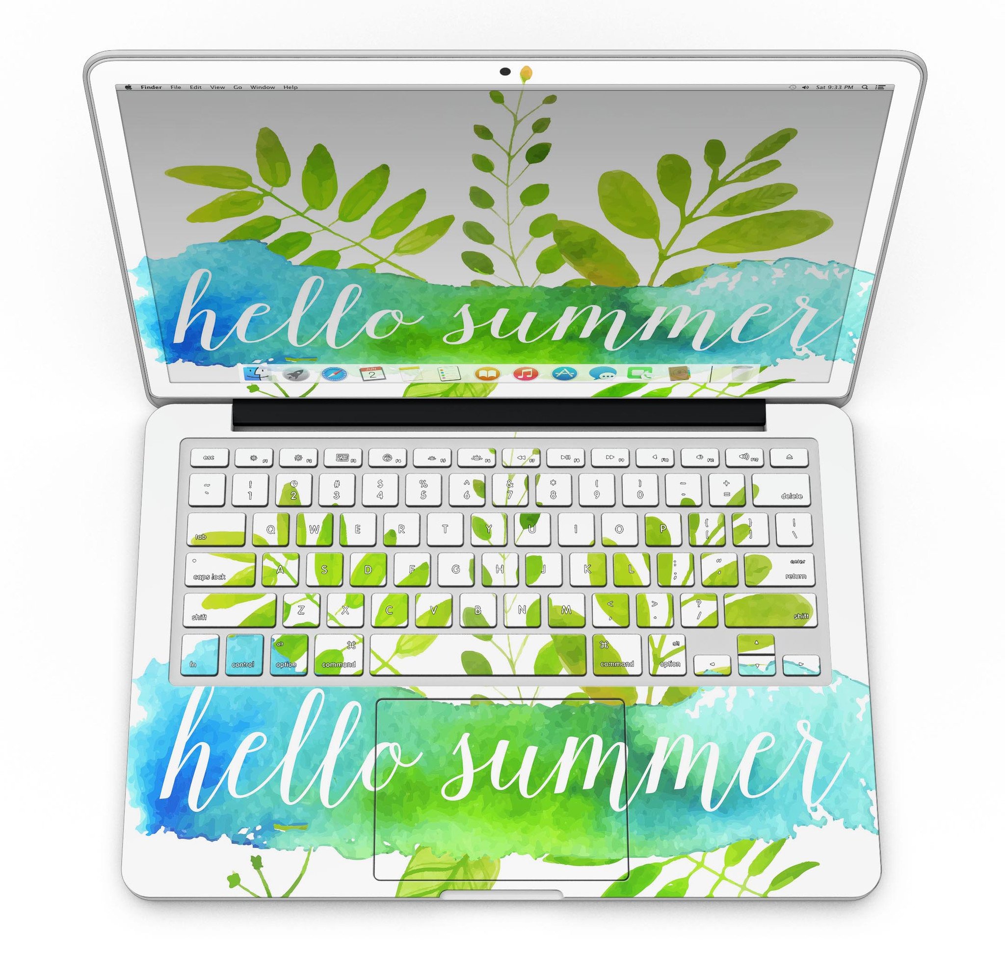 Hello Summer Watercolor Branches skin for MacBook Pro with Retina Display, showcasing vibrant watercolor design on premium vinyl.