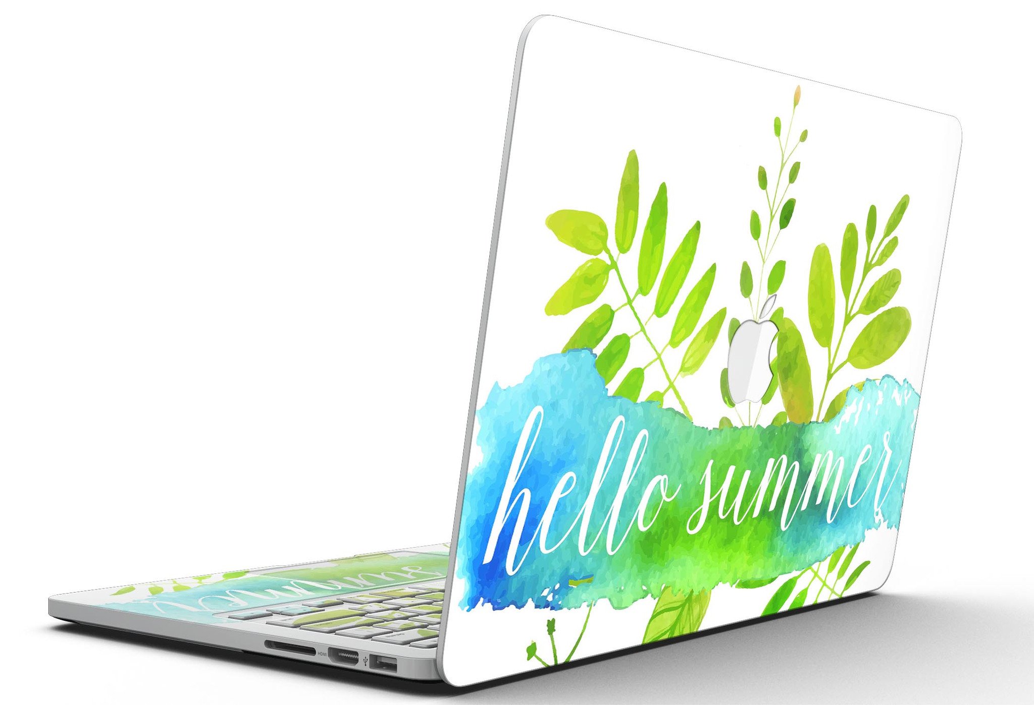 Hello Summer Watercolor Branches skin for MacBook Pro with Retina Display, showcasing vibrant watercolor design on premium vinyl.