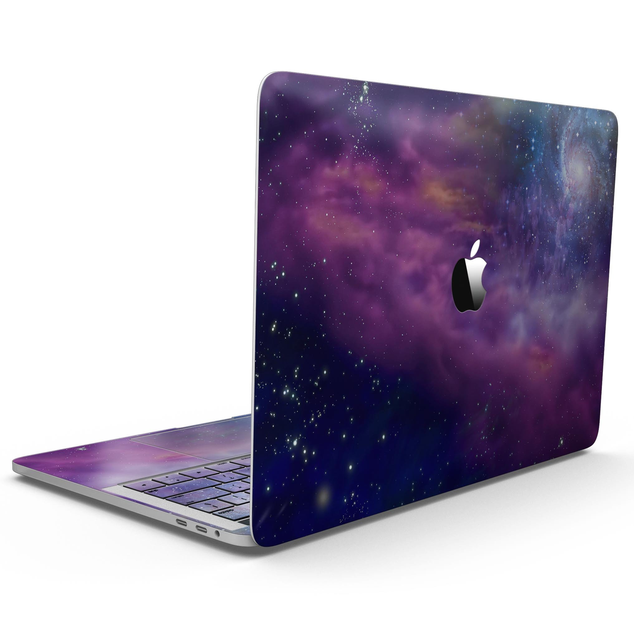 Stylish MacBook Pro with Touch Bar skin featuring a vibrant space adventure design, showcasing its sleek fit and premium vinyl material.