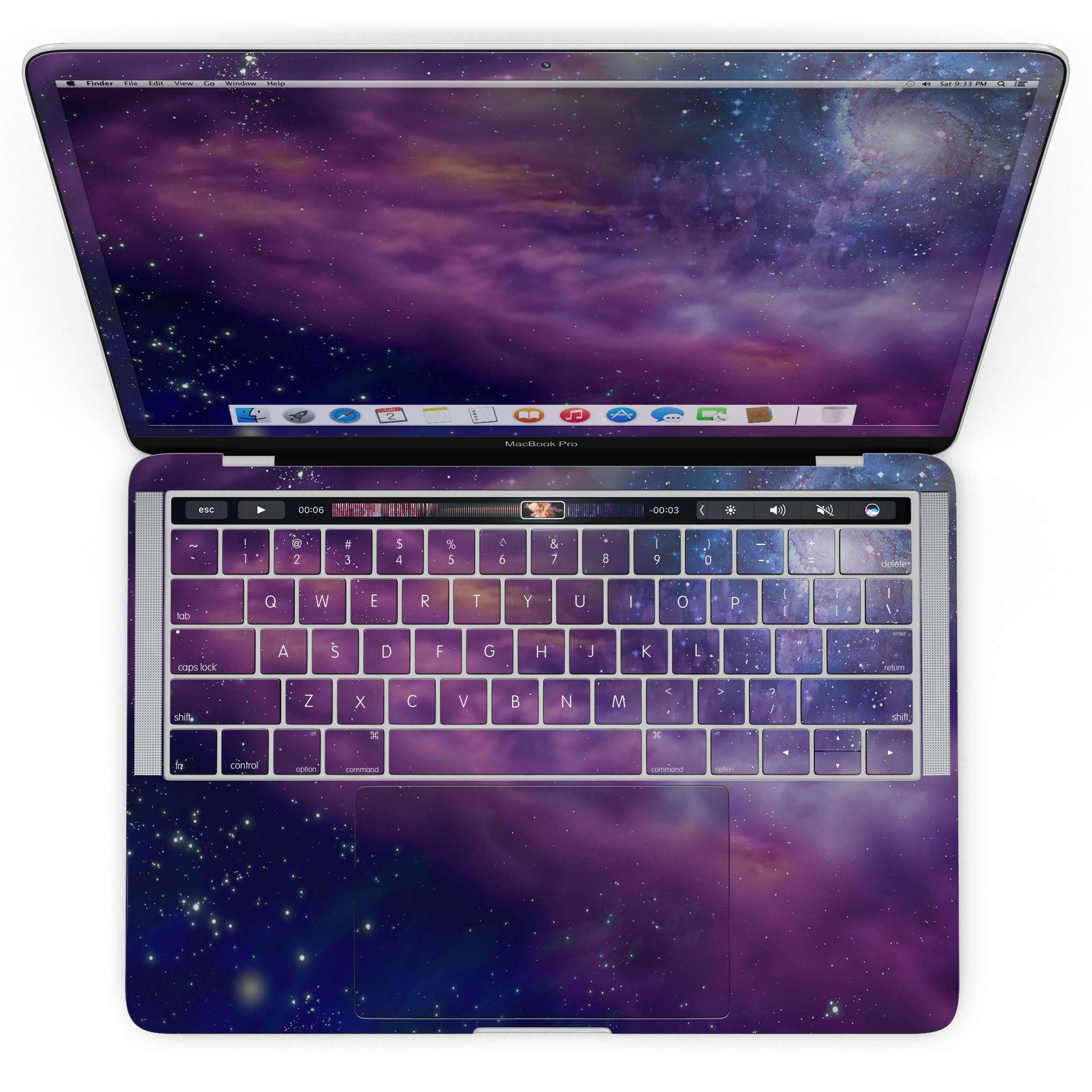 Stylish MacBook Pro with Touch Bar skin featuring a vibrant space adventure design, showcasing its sleek fit and premium vinyl material.