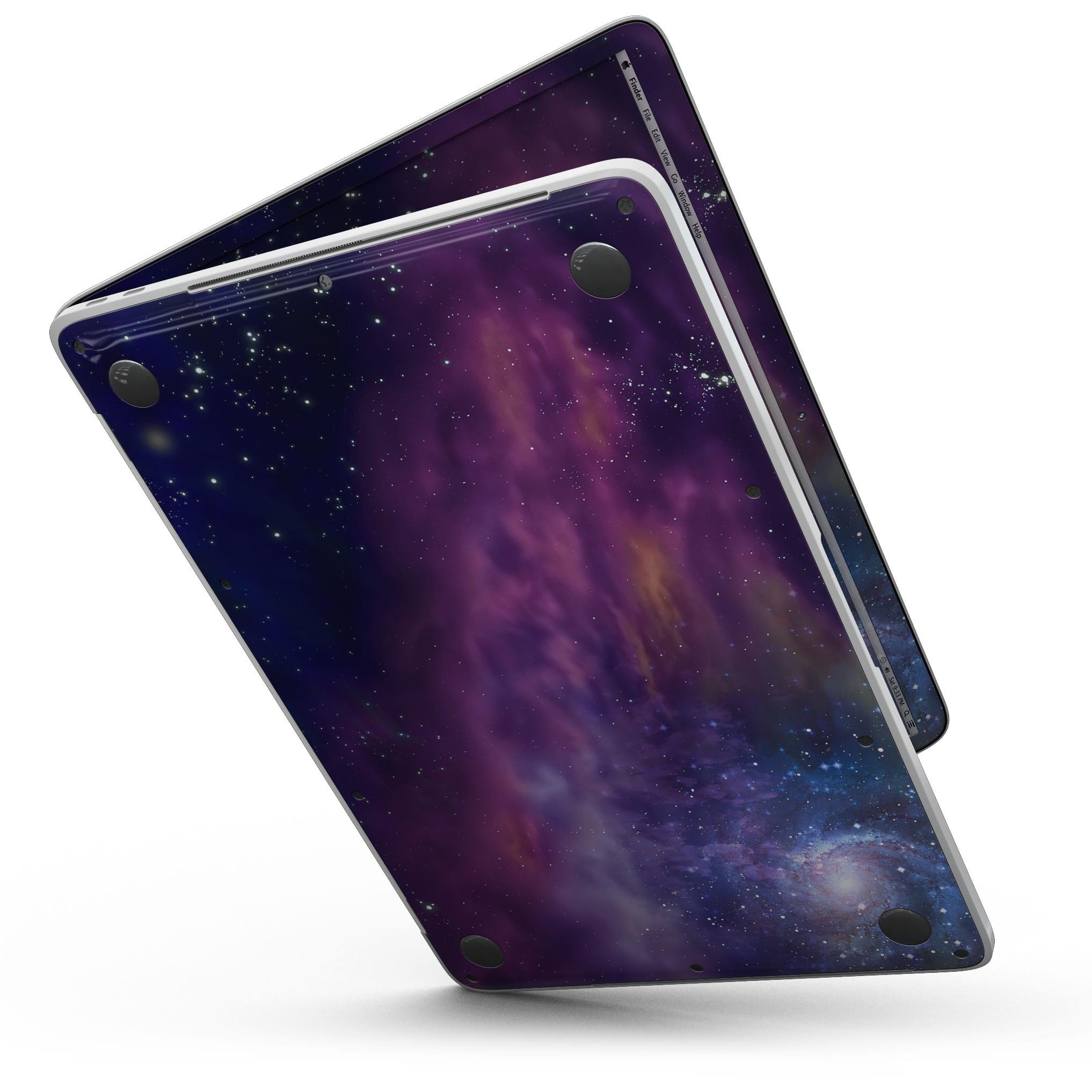 Stylish MacBook Pro with Touch Bar skin featuring a vibrant space adventure design, showcasing its sleek fit and premium vinyl material.