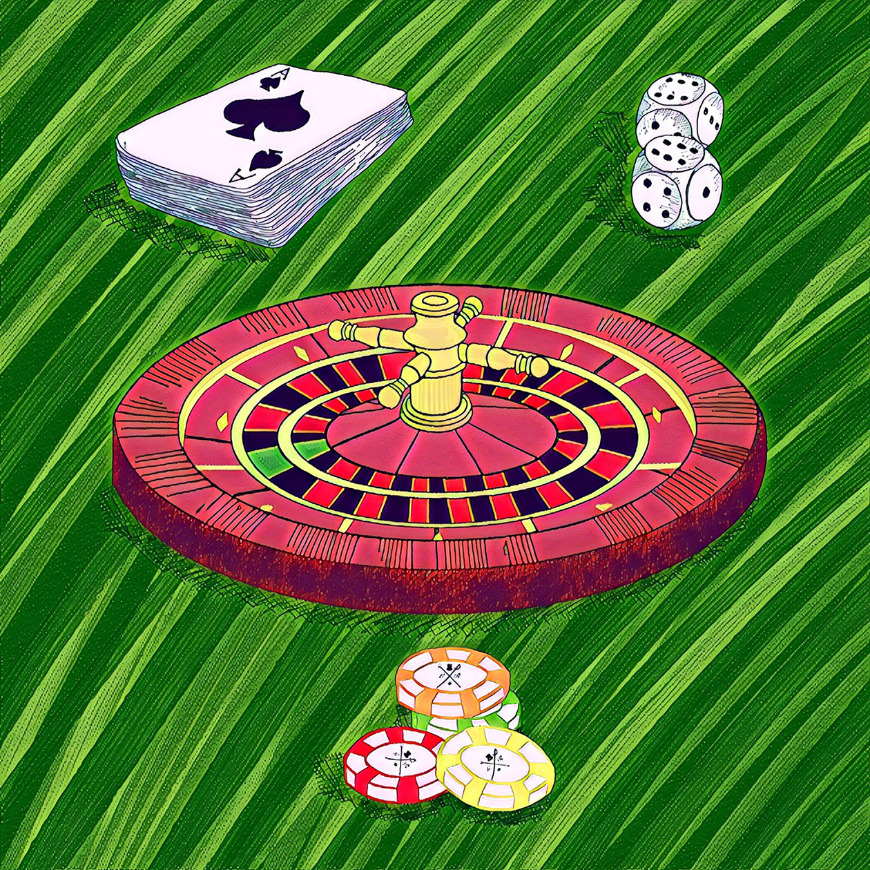 High Roller Deep Green Pocket Square featuring a gambling theme with roulette wheel, cards, chips, and dice in rich colors.