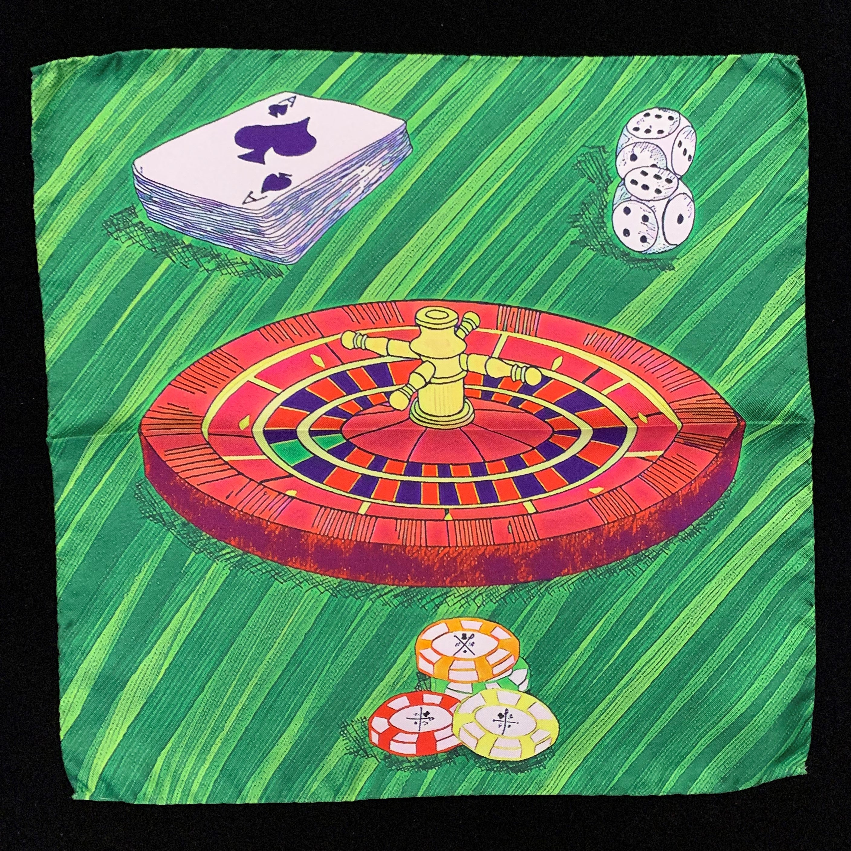 High Roller Deep Green Pocket Square featuring a gambling theme with roulette wheel, cards, chips, and dice in rich colors.