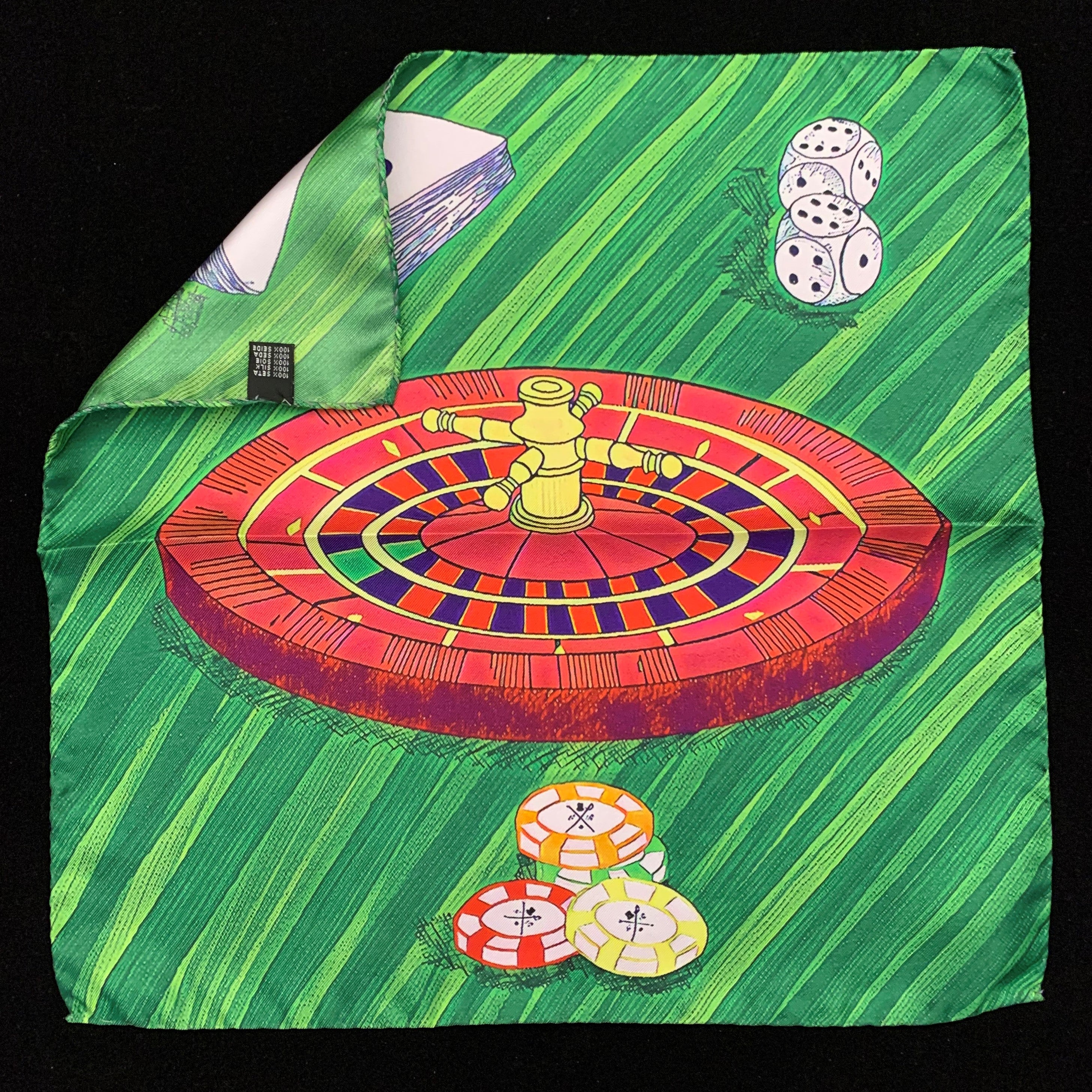 High Roller Deep Green Pocket Square featuring a gambling theme with roulette wheel, cards, chips, and dice in rich colors.