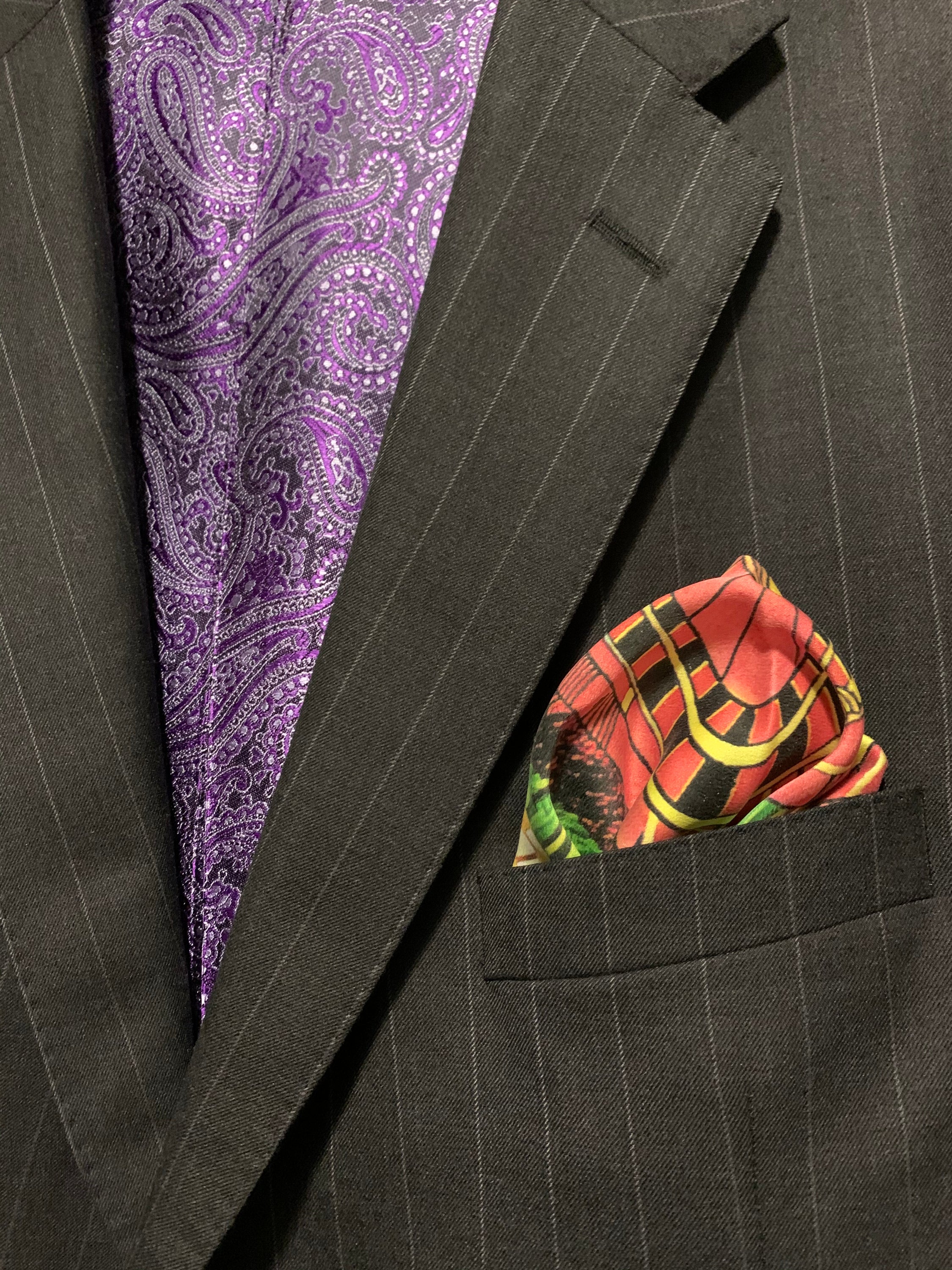 High Roller Deep Green Pocket Square featuring a gambling theme with roulette wheel, cards, chips, and dice in rich colors.