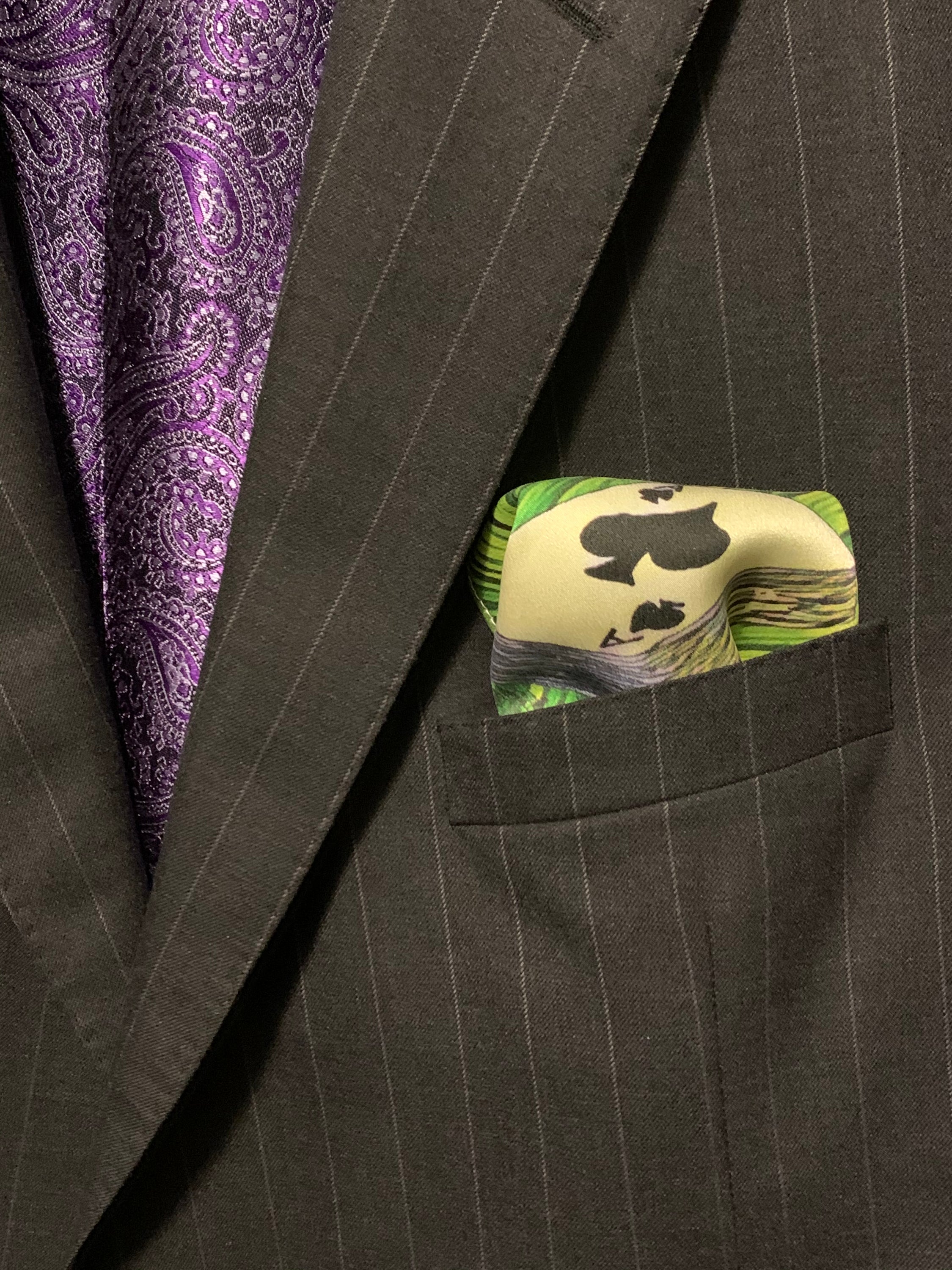 High Roller Deep Green Pocket Square featuring a gambling theme with roulette wheel, cards, chips, and dice in rich colors.