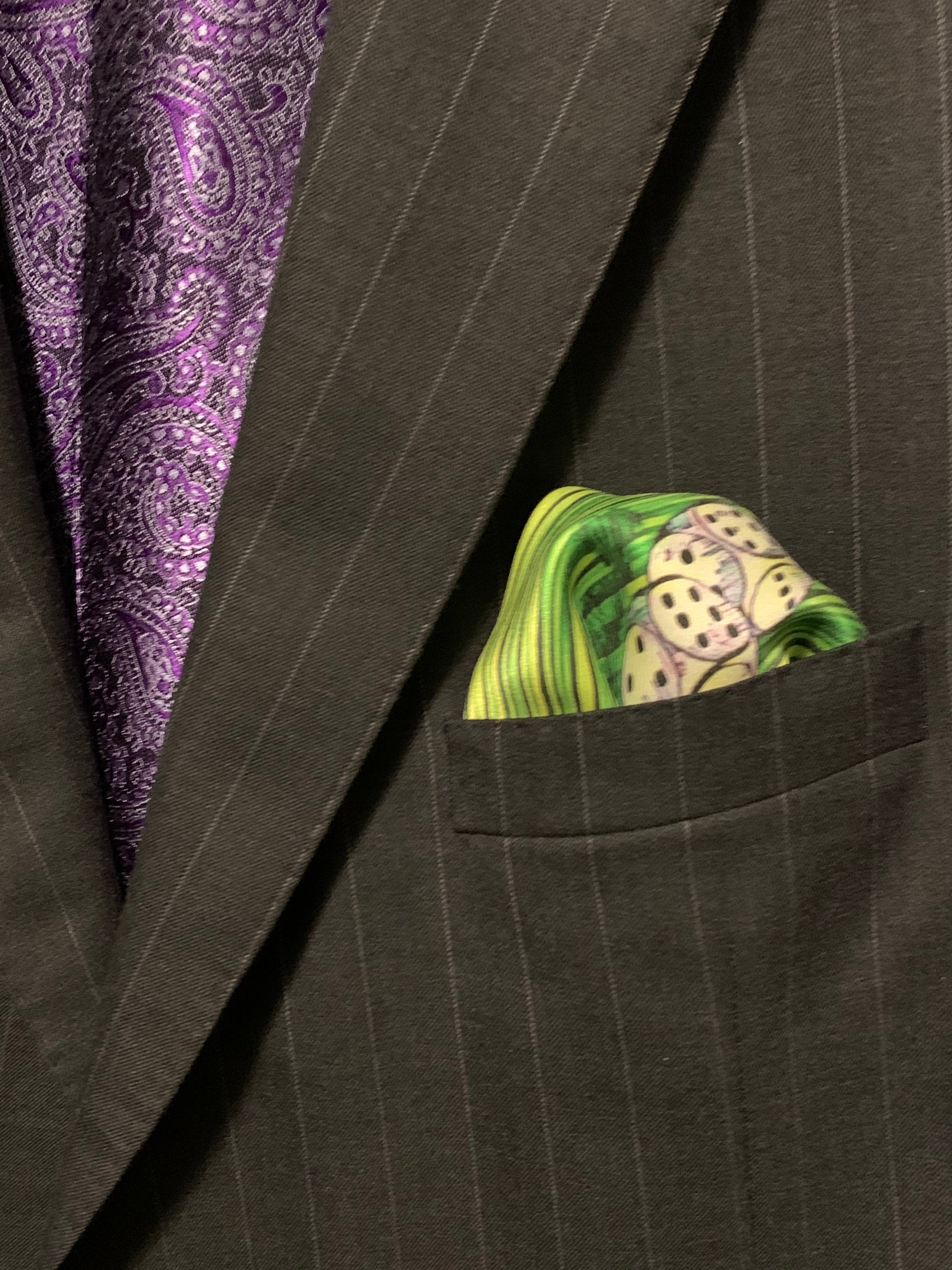 High Roller Deep Green Pocket Square featuring a gambling theme with roulette wheel, cards, chips, and dice in rich colors.