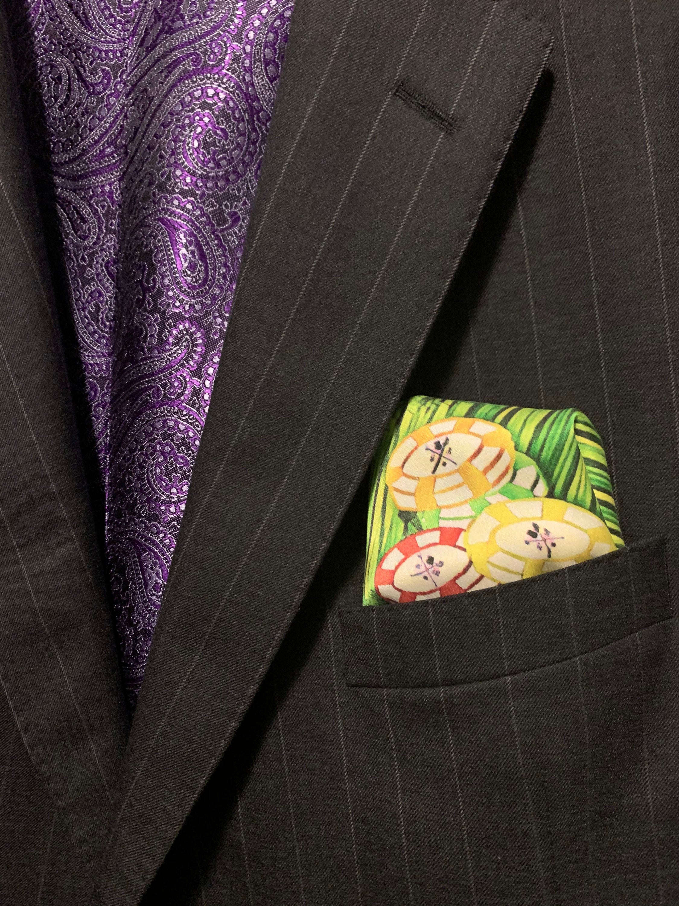 High Roller Deep Green Pocket Square featuring a gambling theme with roulette wheel, cards, chips, and dice in rich colors.