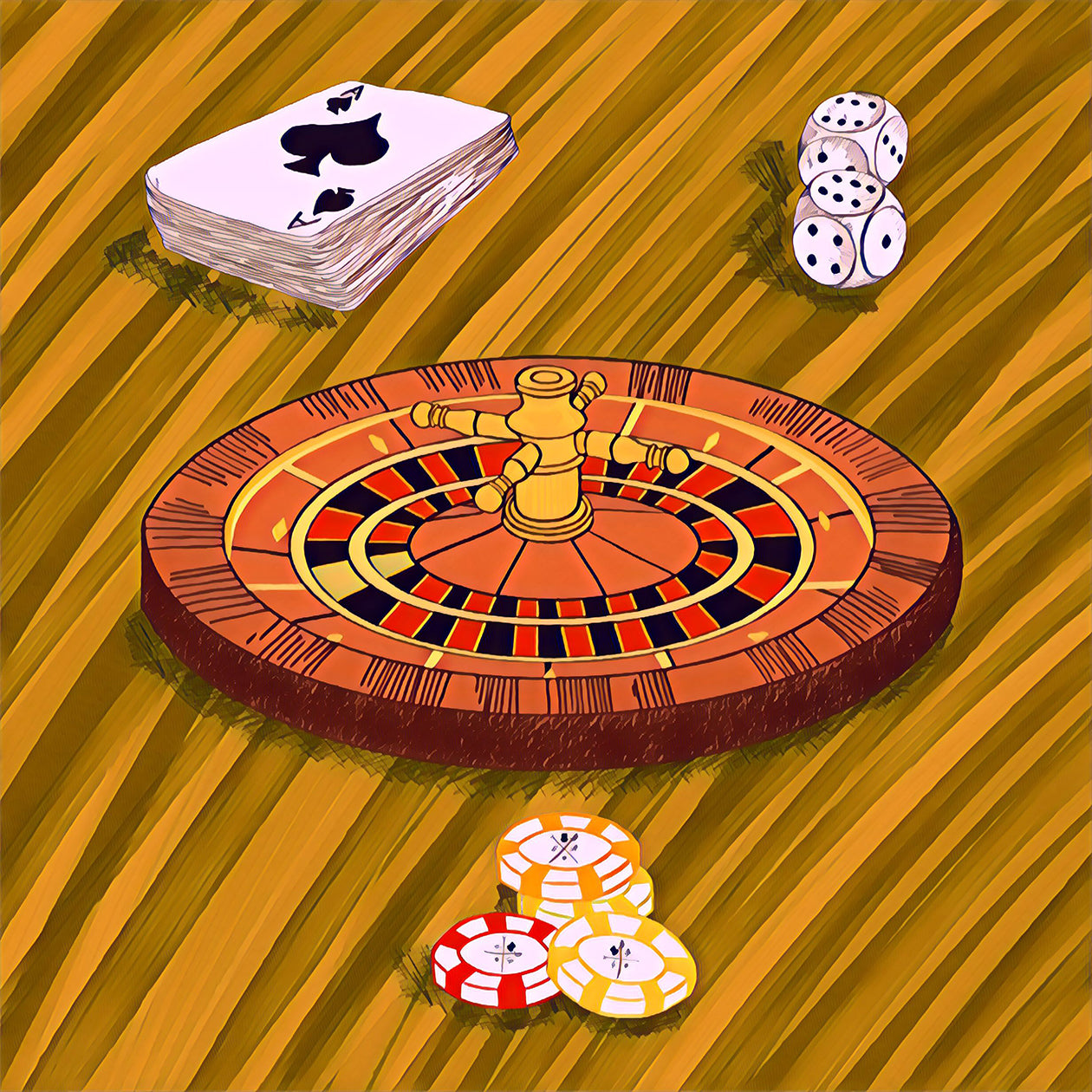 High Roller Desert Sand Pocket Square featuring a gambling-themed design with roulette wheel, cards, chips, and dice in vibrant colors.