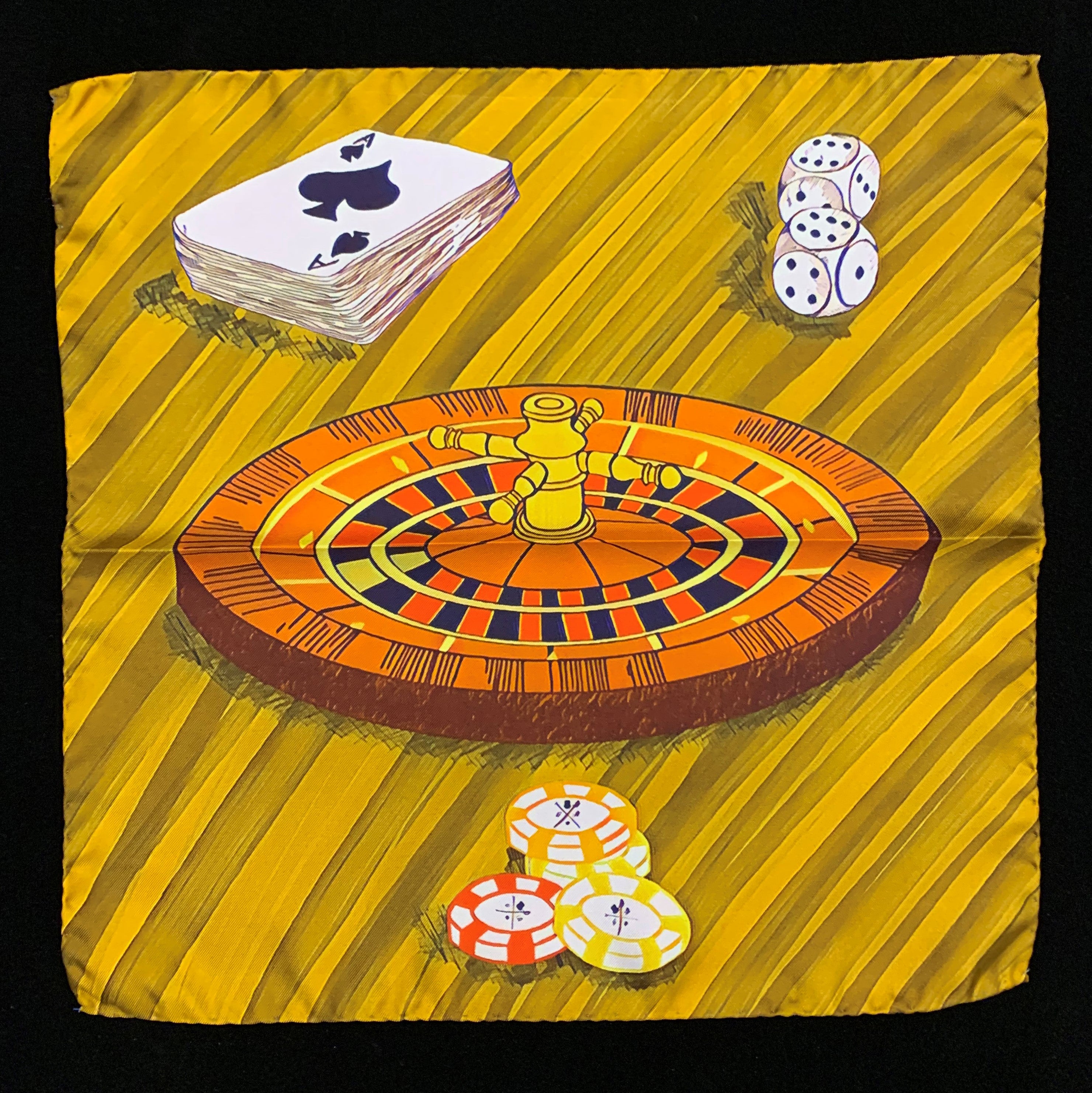 High Roller Desert Sand Pocket Square featuring a gambling-themed design with roulette wheel, cards, chips, and dice in vibrant colors.