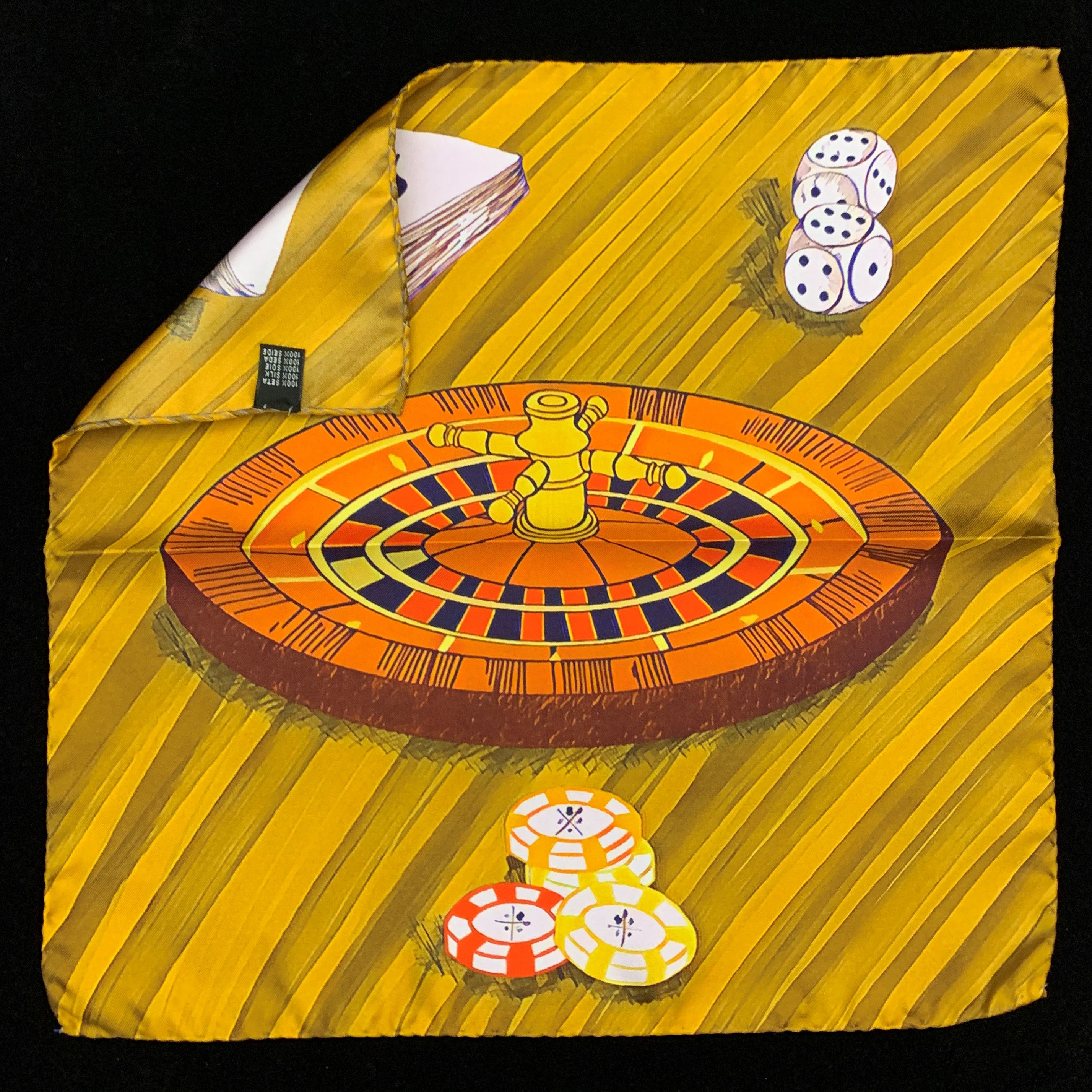 High Roller Desert Sand Pocket Square featuring a gambling-themed design with roulette wheel, cards, chips, and dice in vibrant colors.