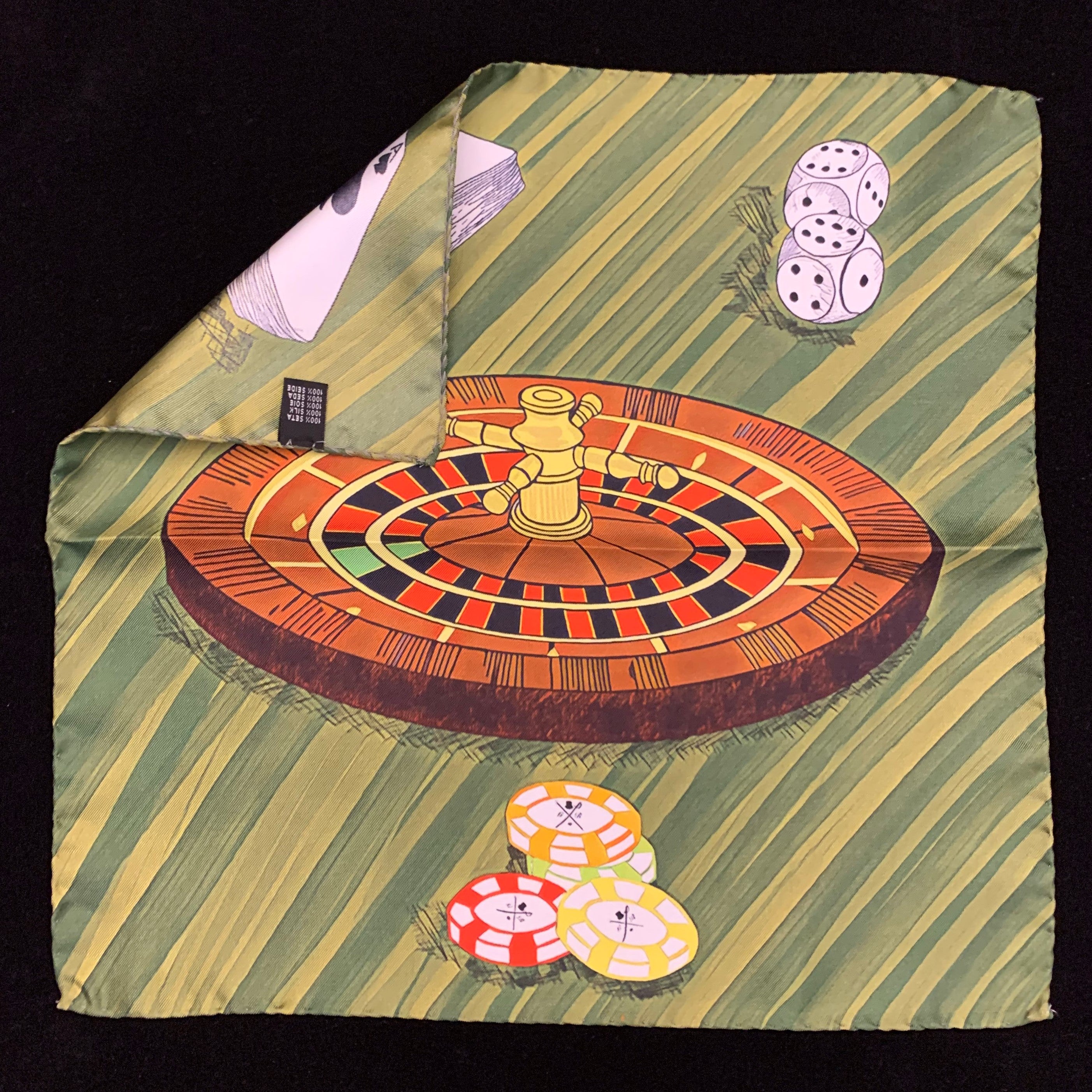 High Roller Original Pocket Square featuring a vibrant gambling design with roulette wheel, cards, chips, and dice in bright colors.