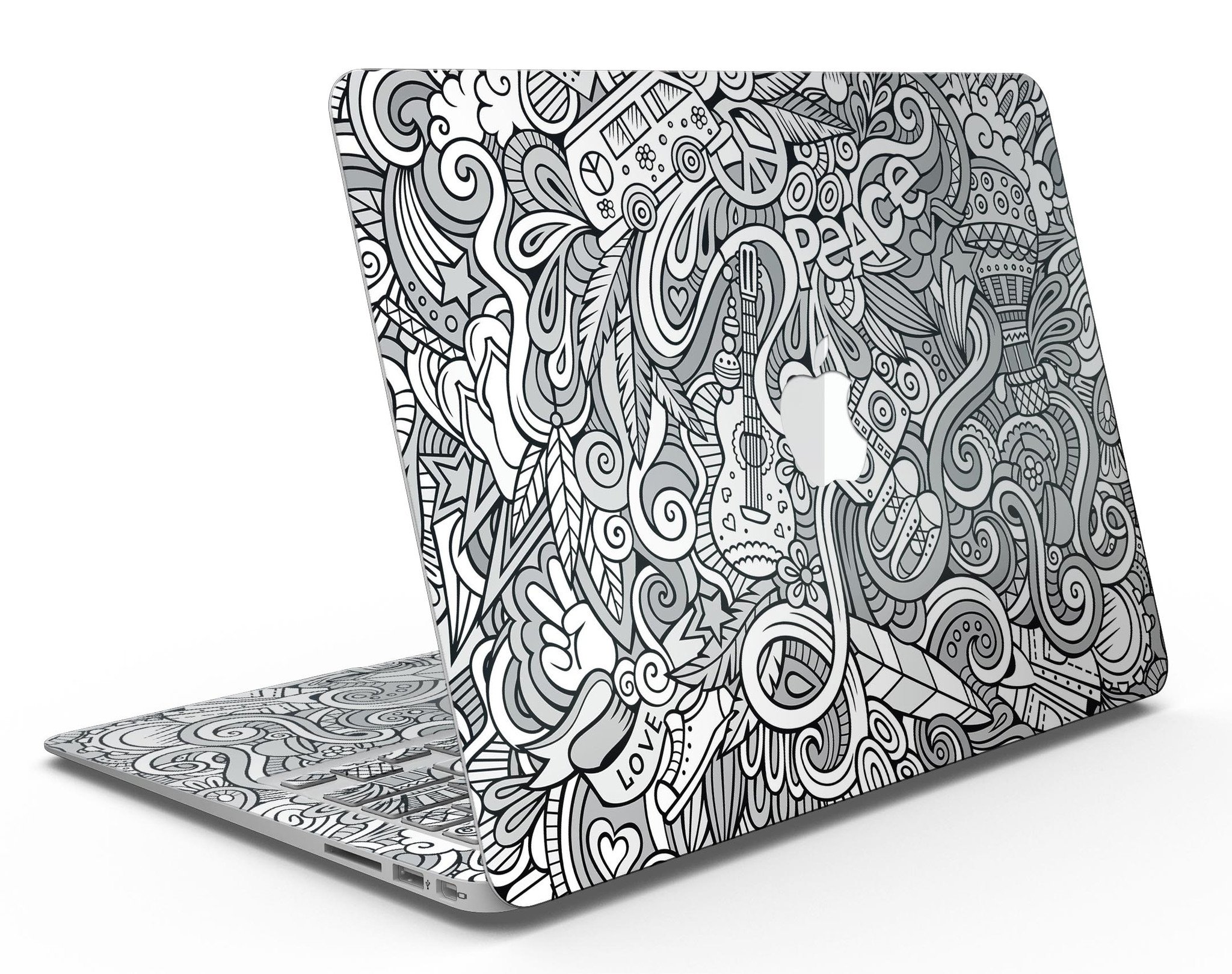 Hippie Dippie Doodles MacBook Air Skin Kit featuring vibrant colors and artistic design, showcasing its stylish and protective features.