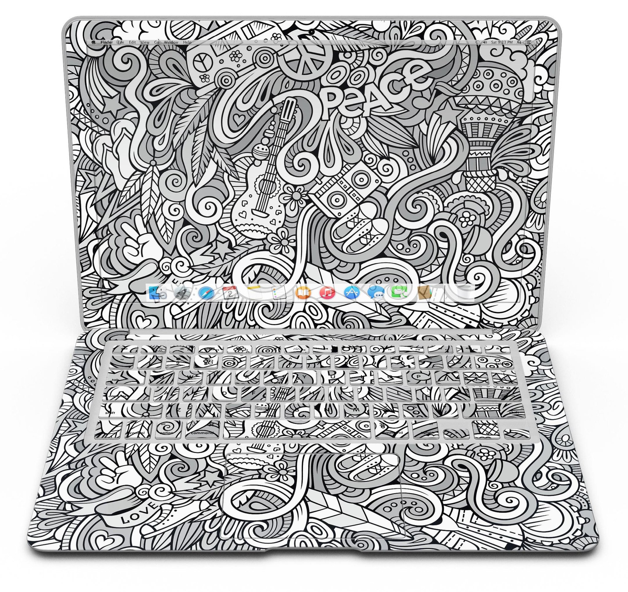 Hippie Dippie Doodles MacBook Air Skin Kit featuring vibrant colors and artistic design, showcasing its stylish and protective features.